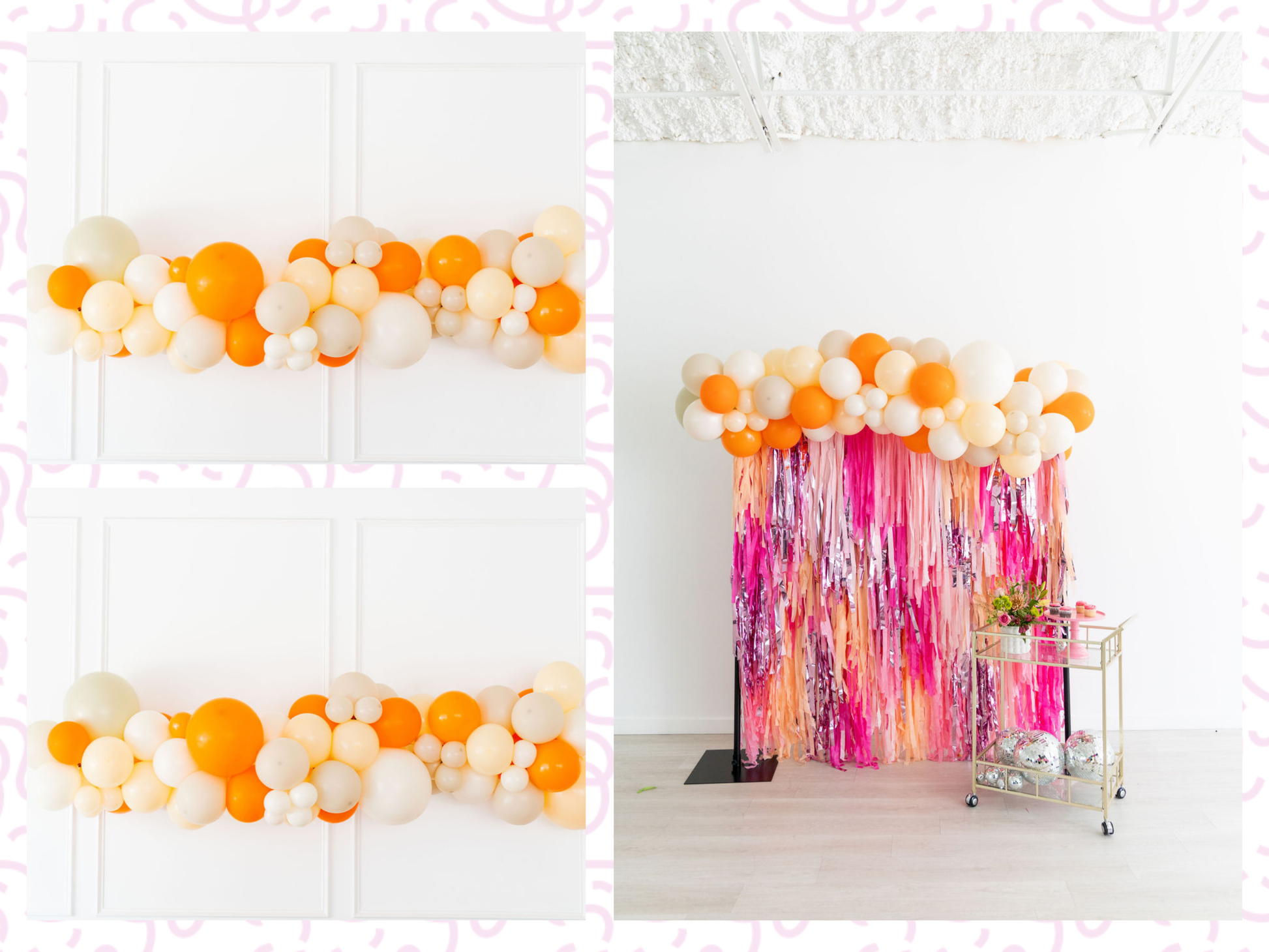 Cutie Balloon Kit fringe garland hanging against a white wall with balloons. Fringe decor perfect for corporate events or parties.
