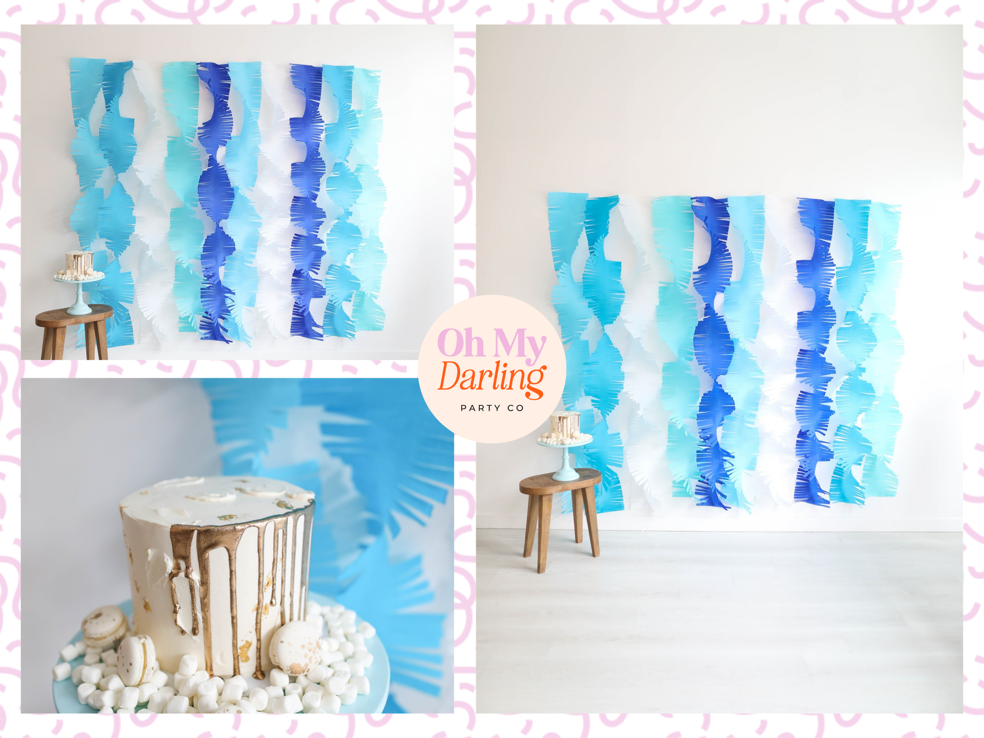 Visual guide showing how to build a complete party decor bundle, including a fringe backdrop, sturdy stand, and coordinating balloon kits for a seamless event setup.