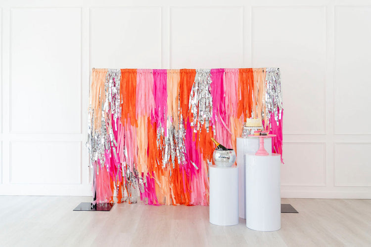Oh My Darling Party Co pink, orange, and silver fringe backdrop
