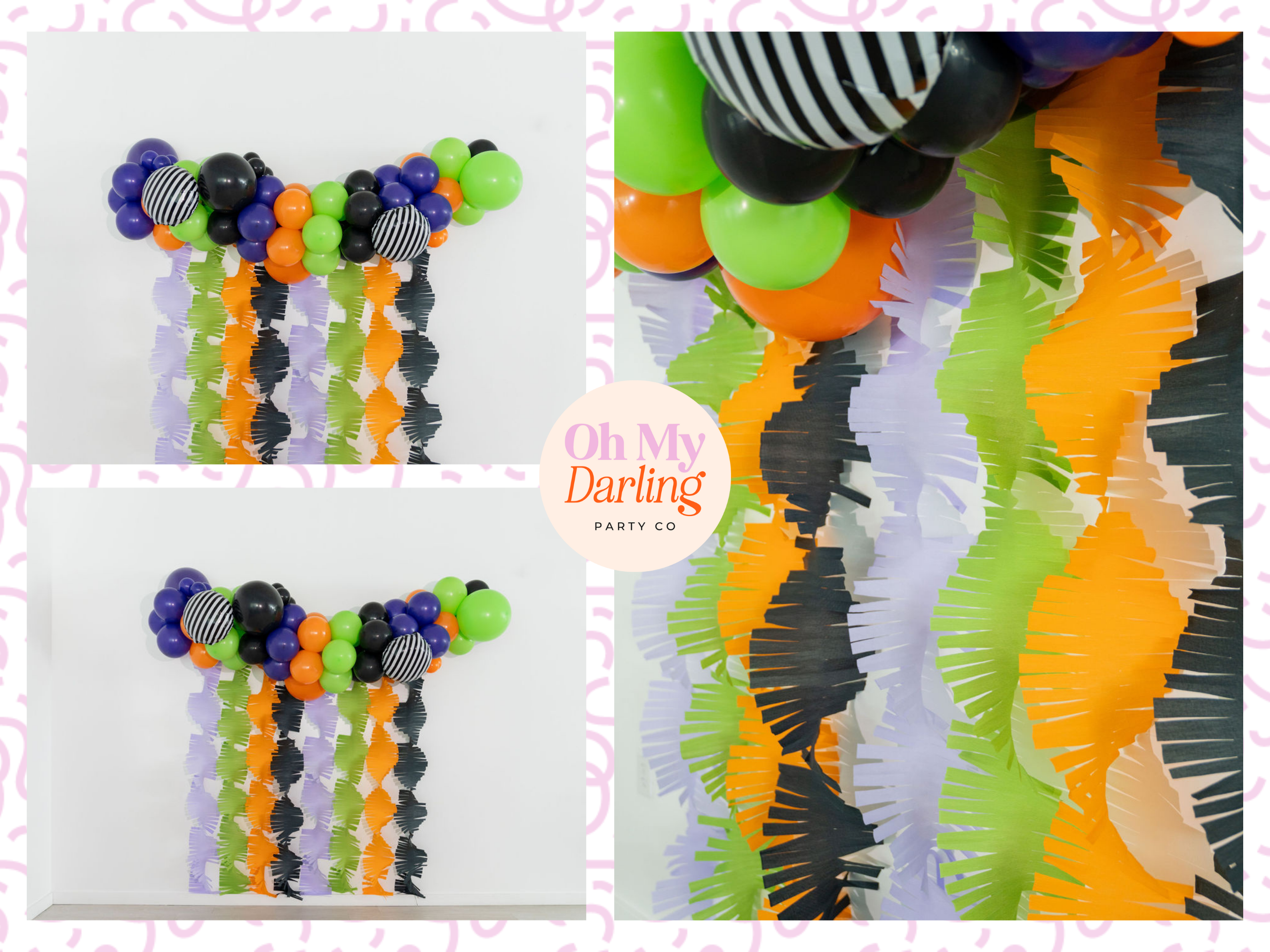 Visual guide showing how to build a complete party decor bundle, including a fringe backdrop, sturdy stand, and coordinating balloon kits for a seamless event setup.