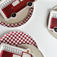 Checkered Red Plate-Fringe Backdrop-Party Decor-Josi James-Oh My Darling Party Co-birthday boy, boy baby shower, boy birthday, boy party, boy shower, boys, boys birthday, check, check plates, checkerboard, firetruck, kid plates, paper plates, party plates, plates, red, Red and White, red plates, retro plates, white and red