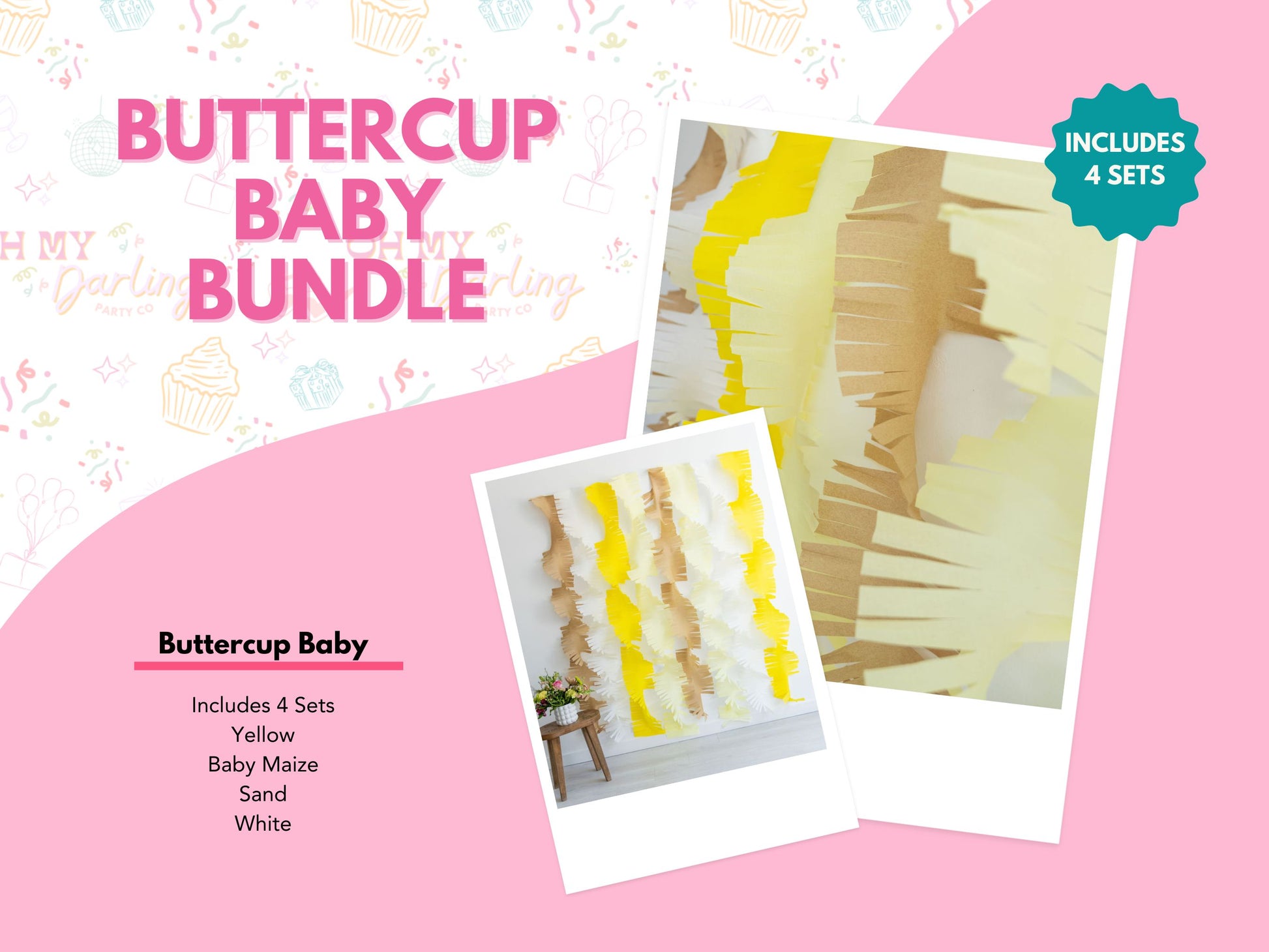 Buttercup Baby Crepe Paper Bundle-Fringe Backdrop-Party Decor-Oh My Darling Party Co-Oh My Darling Party Co-1st birthday decor, affordable fringe backdrop, baby shower, baby shower decor, baby yellow, bachelorette, bachelorette backdro, bachelorette party, backdrops for party, balloon garland, balloon garlands, best sellers, birthday decor, birthday party, boho nursery, boho party decor, boho tassel garland, bridal shower, cochella party decor, colorful backdrop, crepe paper streamers, easter, easter party,