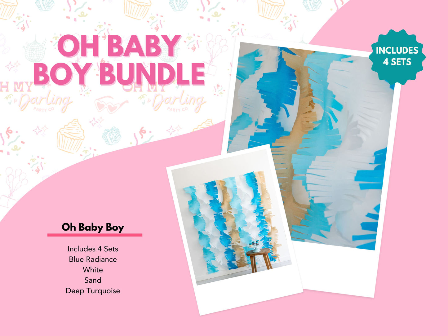 Oh Baby Boy Crepe Paper Bundle-Fringe Backdrop-Party Decor-Oh My Darling Party Co-Oh My Darling Party Co-1st birthday decor, affordable fringe backdrop, baby blue, baby shower, baby shower decor, bachelorette, bachelorette backdro, bachelorette party, backdrops for party, balloon garland, balloon garlands, best sellers, birthday decor, birthday party, blue, blue baby shower, BLUE BACKDROP, BLUE BACKDROPS, blue party, boho nursery, boho party decor, boho tassel garland, boy baby shower, bridal shower, cochel