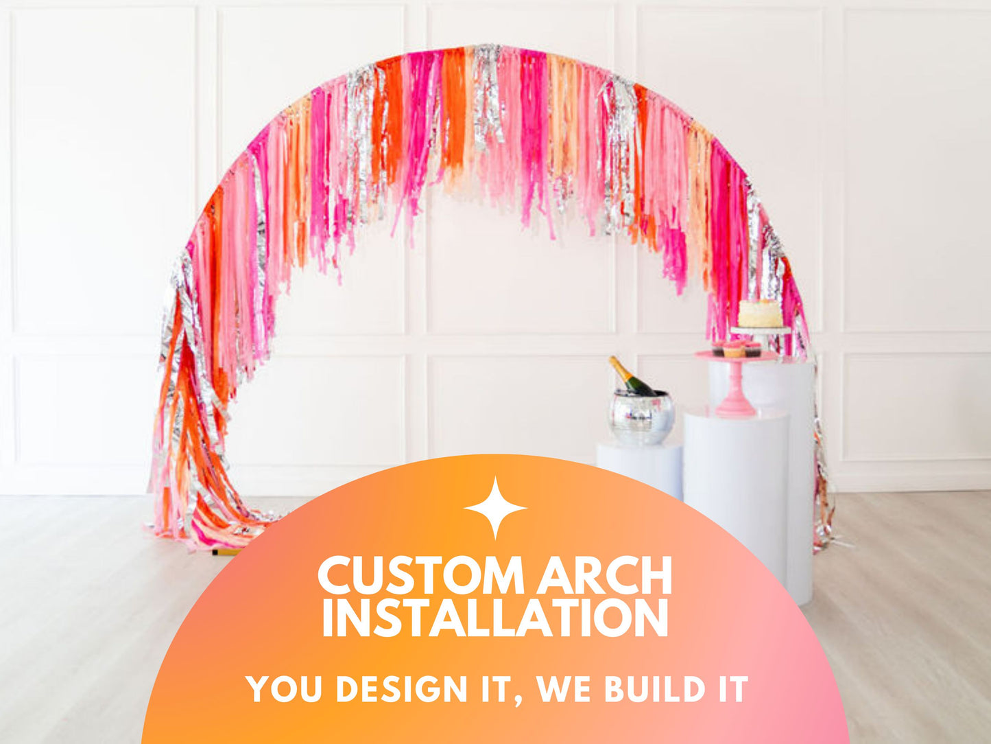 Custom Arched Fringe Installation-Fringe Backdrop-Party Decor-Oh My Darling Party Co-Oh My Darling Party Co-aerial, arch, bachelorette party, backdrops for party, balloon garlands, be my valentine, Birthday Party, boy party, bridal party, candy pink, ceiling, custom overhead, engagement party, fringe garland, Fringe Streamers, garden party, girl party, gn party, indian wedding, metallic backdrop, new years, OMDPC, overhea, overhead, overheads, party backdrops, pink bachelorette, PINK BACKDROP, pink party, p