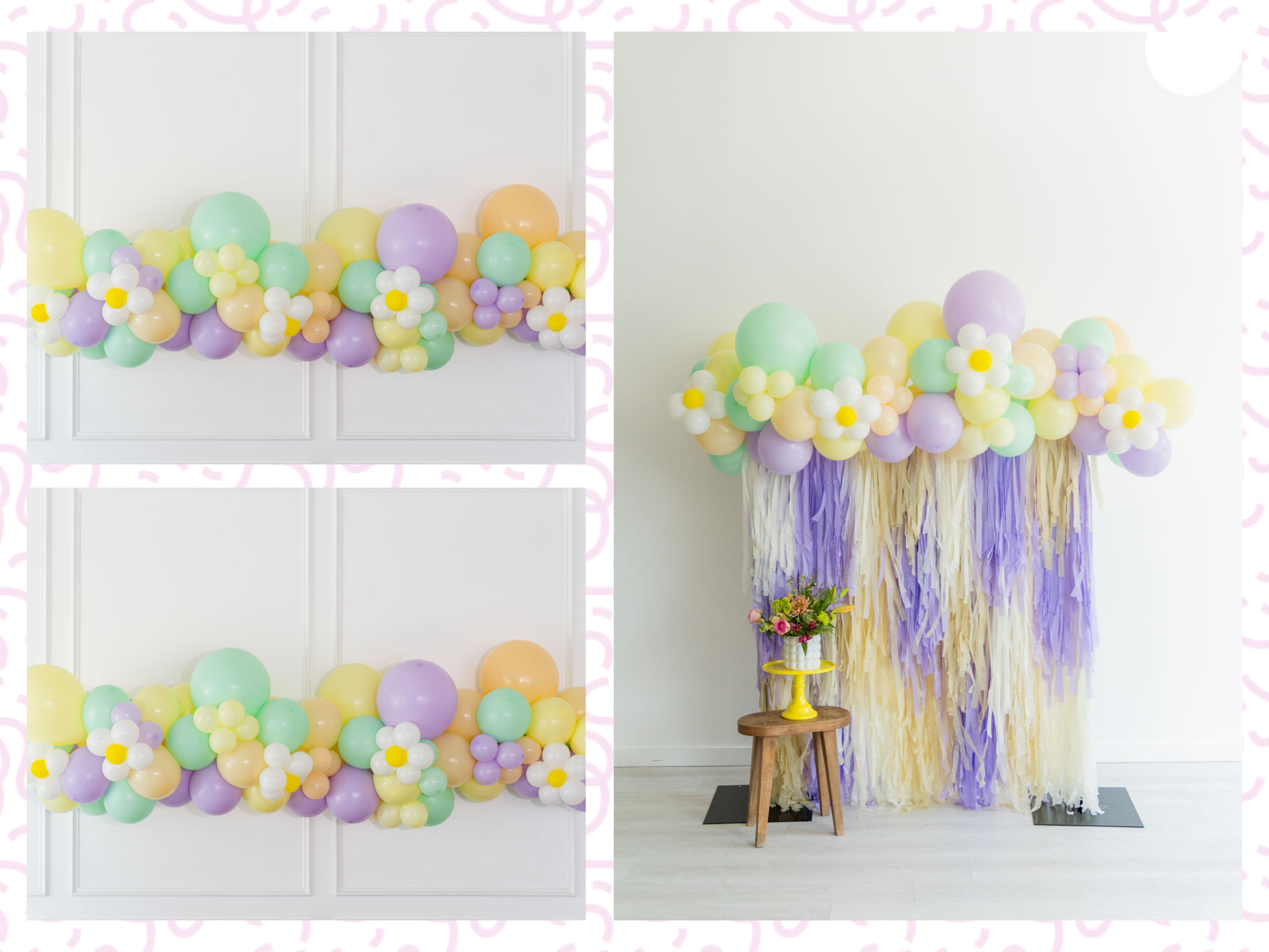 Hip Hop Balloon Kit fringe garland hanging against a white wall with balloons. Fringe decor perfect for corporate events or parties.