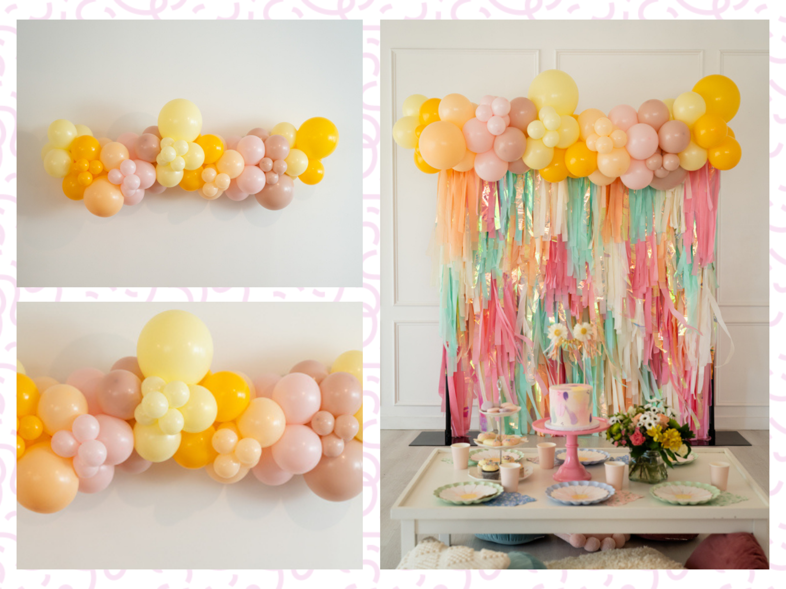 Too Groovy Balloon Kit fringe garland hanging against a white wall with balloons. Fringe decor perfect for corporate events or parties.