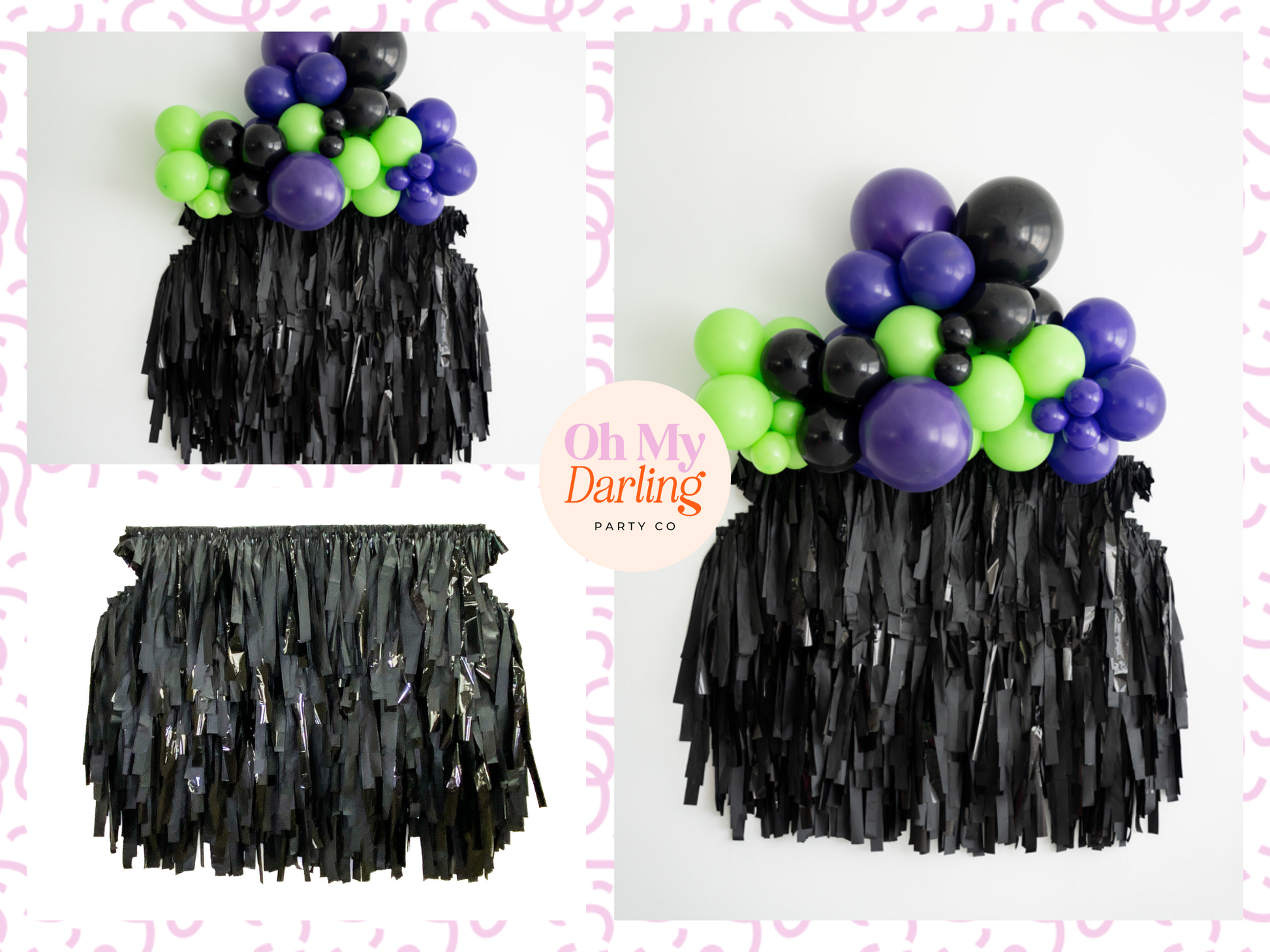 Visual guide showing how to build a complete party decor bundle, including a fringe backdrop, sturdy stand, and coordinating balloon kits for a seamless event setup.