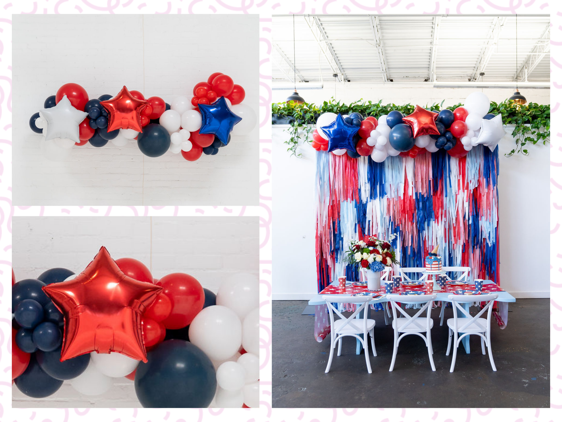 Star Spangled Balloon Kit fringe garland hanging against a white wall with balloons. Fringe decor perfect for corporate events or parties.