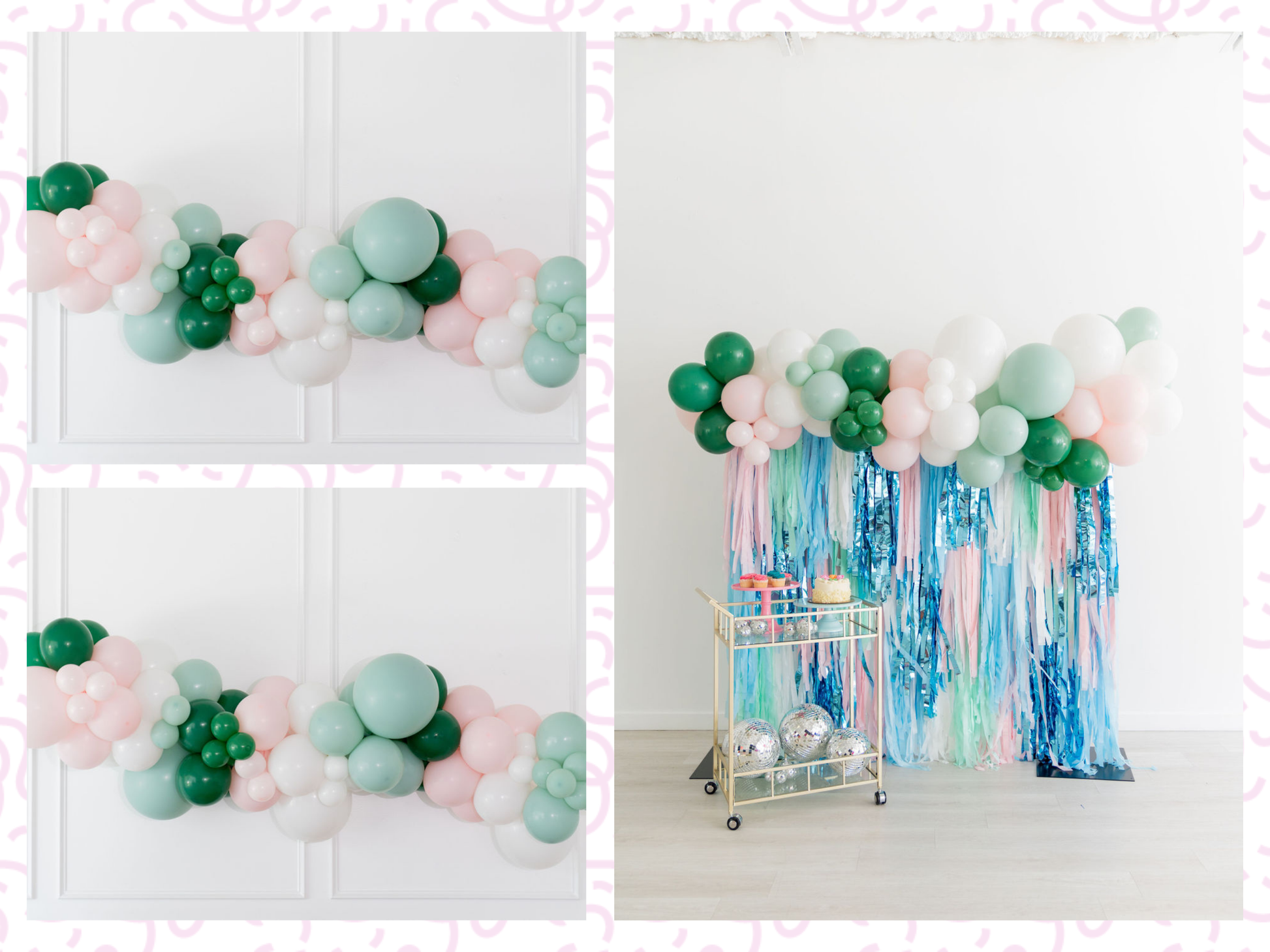 Pinkmas Balloon Kit fringe garland hanging against a white wall with balloons. Fringe decor perfect for corporate events or parties.