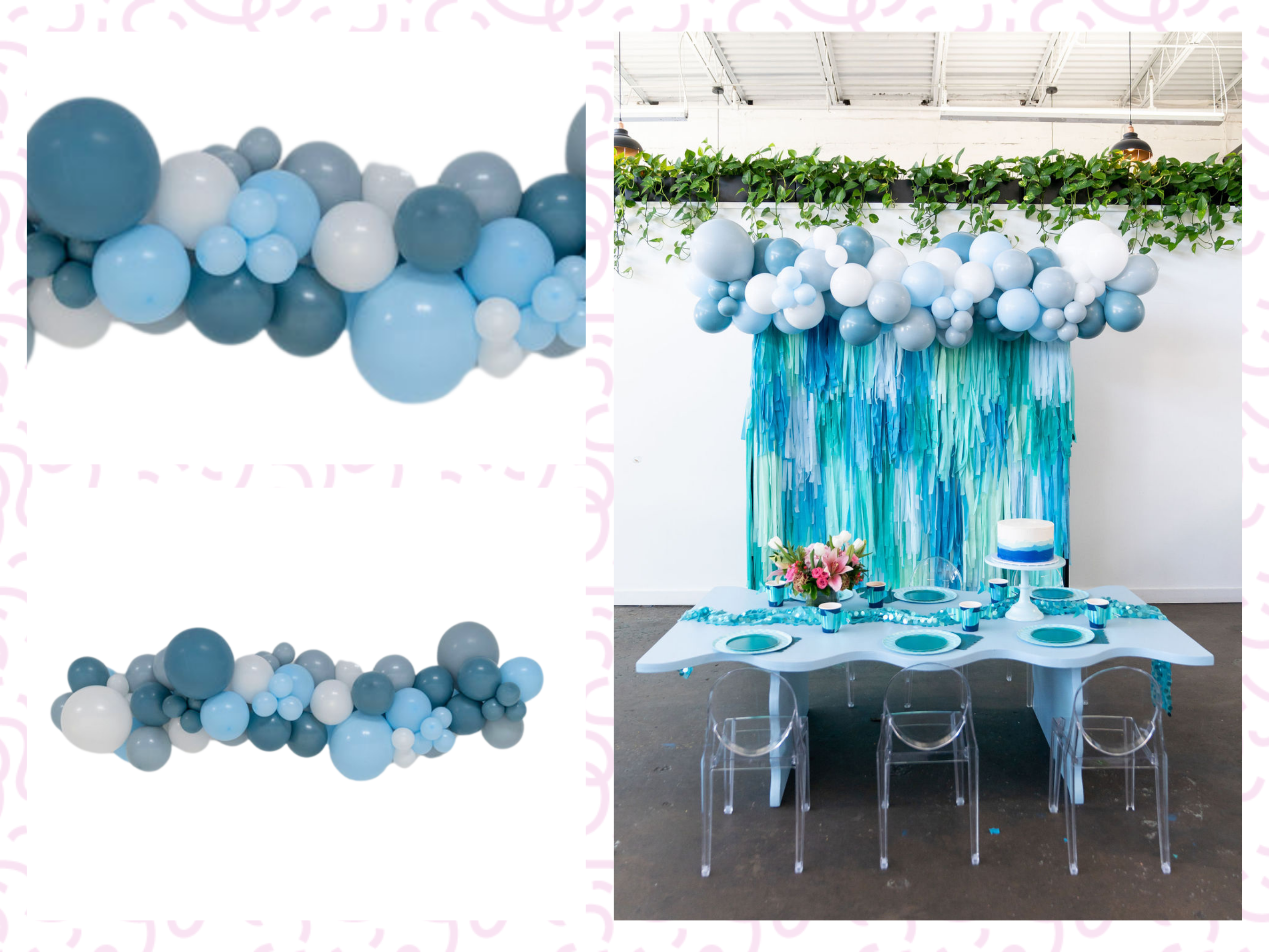 Ocean Balloon Kit fringe garland hanging against a white wall with balloons. Fringe decor perfect for corporate events or parties.