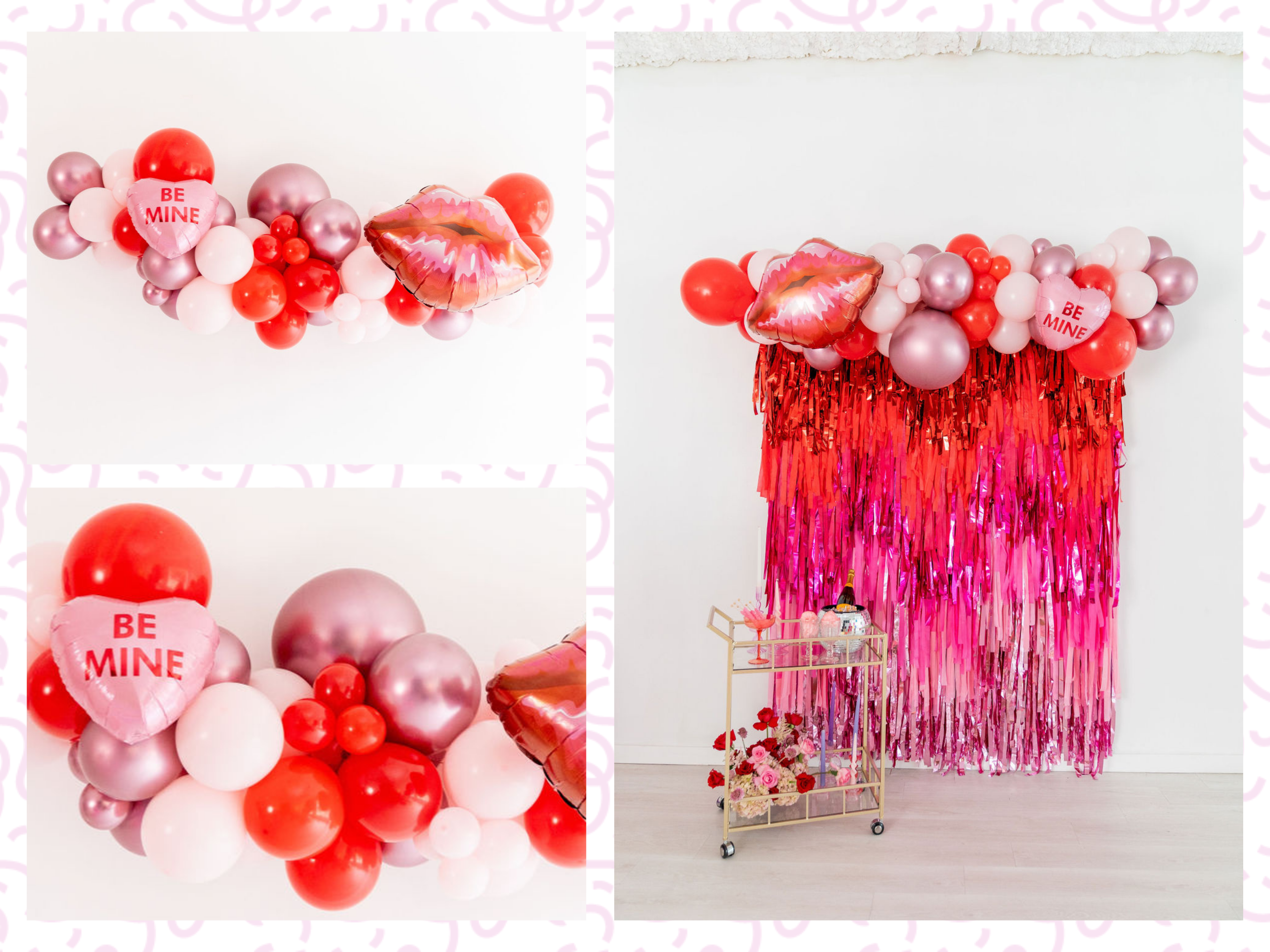 XOXO Balloon Kit fringe garland hanging against a white wall with balloons. Fringe decor perfect for corporate events or parties.