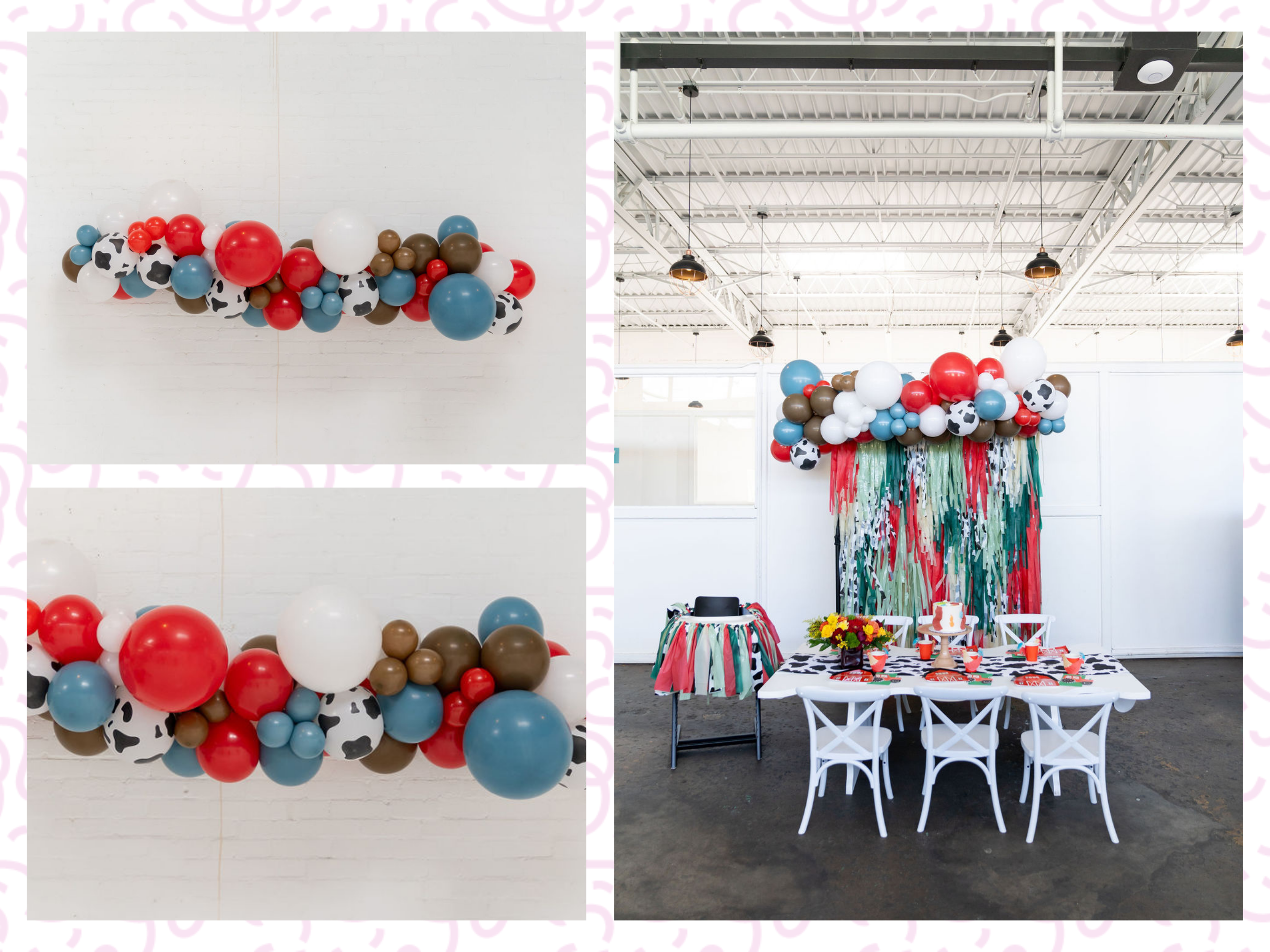 Rodeo Roundup Balloon Kit fringe garland hanging against a white wall with balloons. Fringe decor perfect for corporate events or parties.