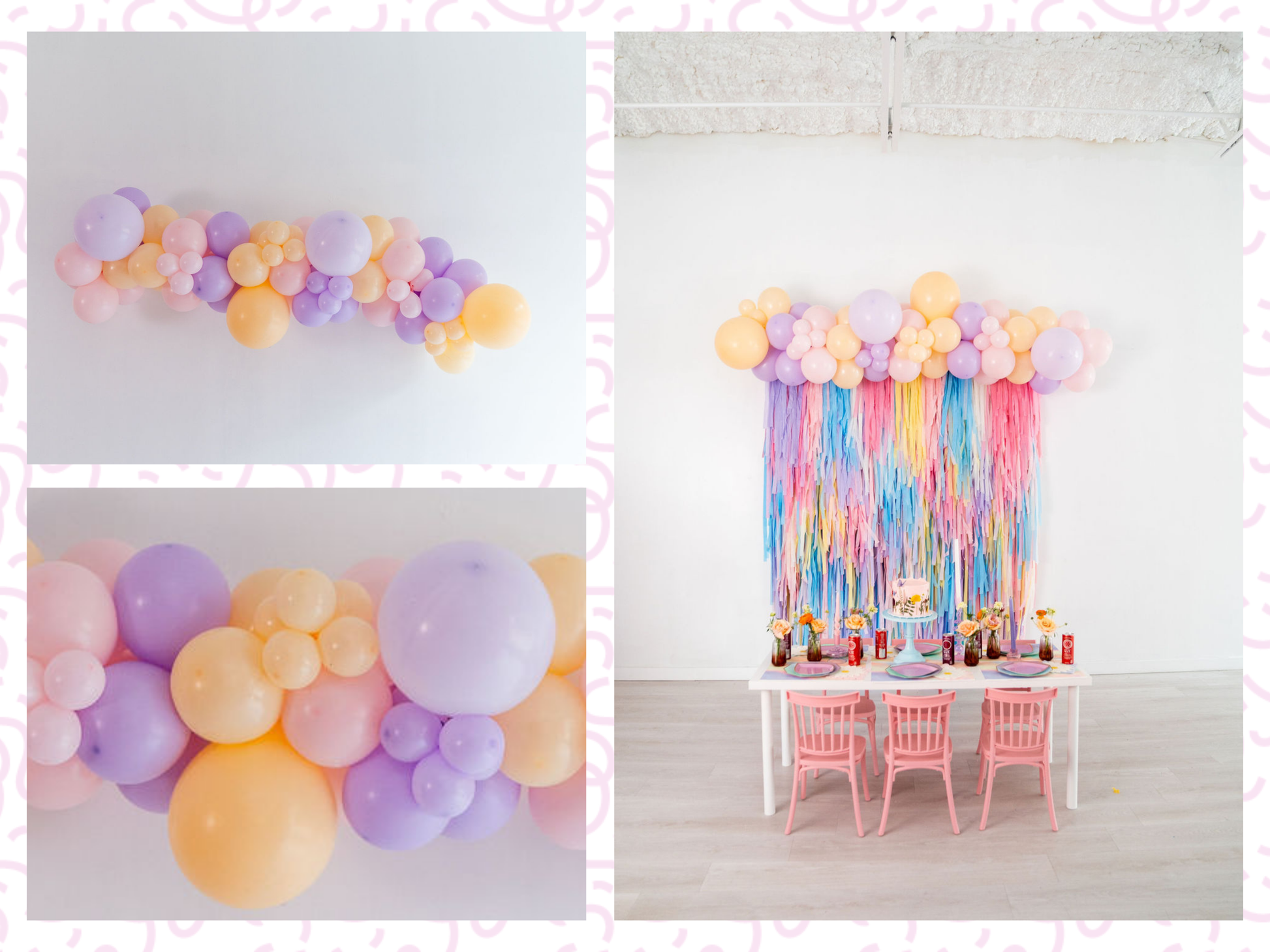 Sunset Splash Balloon Kit fringe garland hanging against a white wall with balloons. Fringe decor perfect for corporate events or parties.