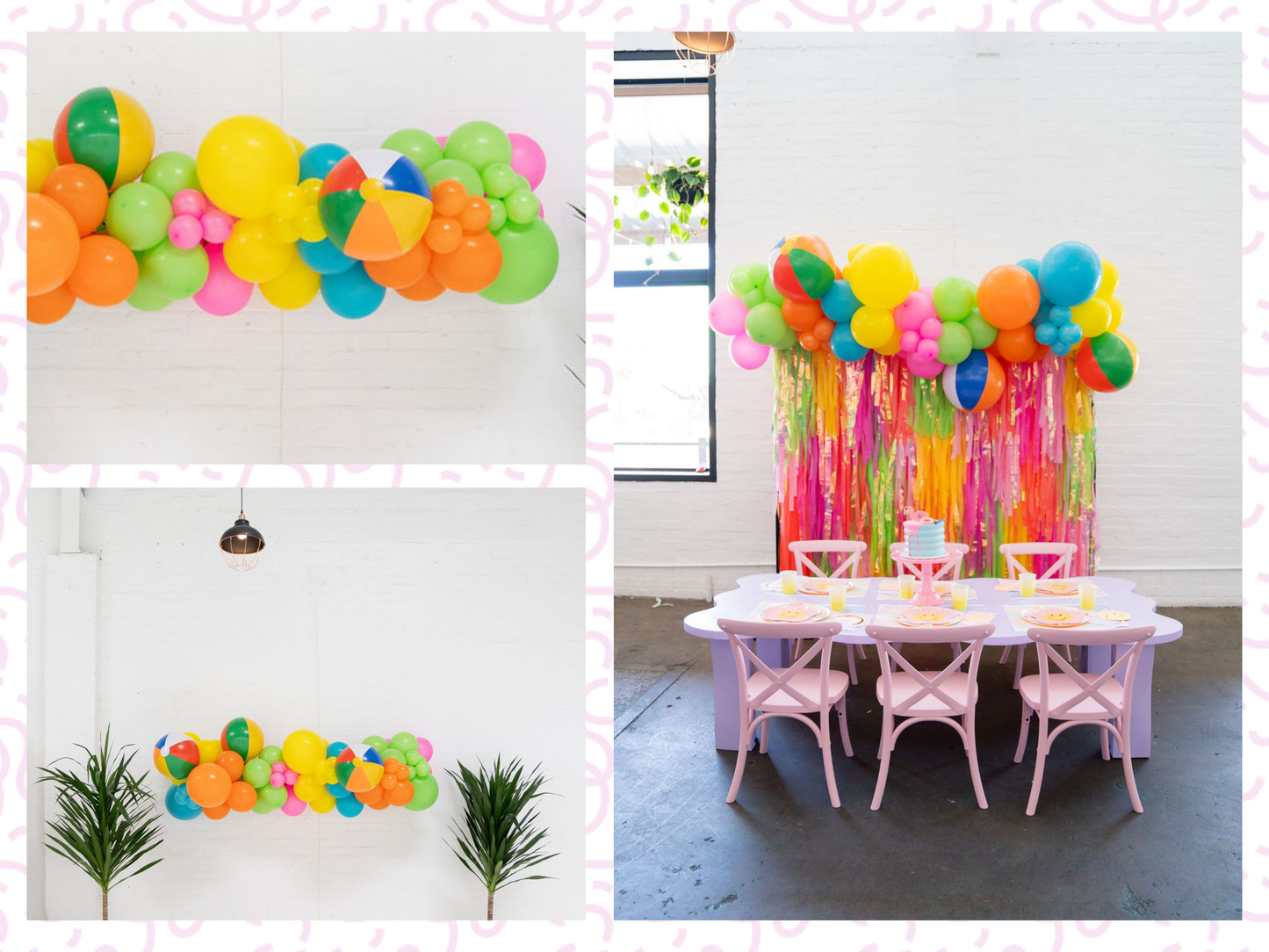 Beach Days Balloon Kit fringe garland hanging against a white wall with balloons. Fringe decor perfect for corporate events or parties.