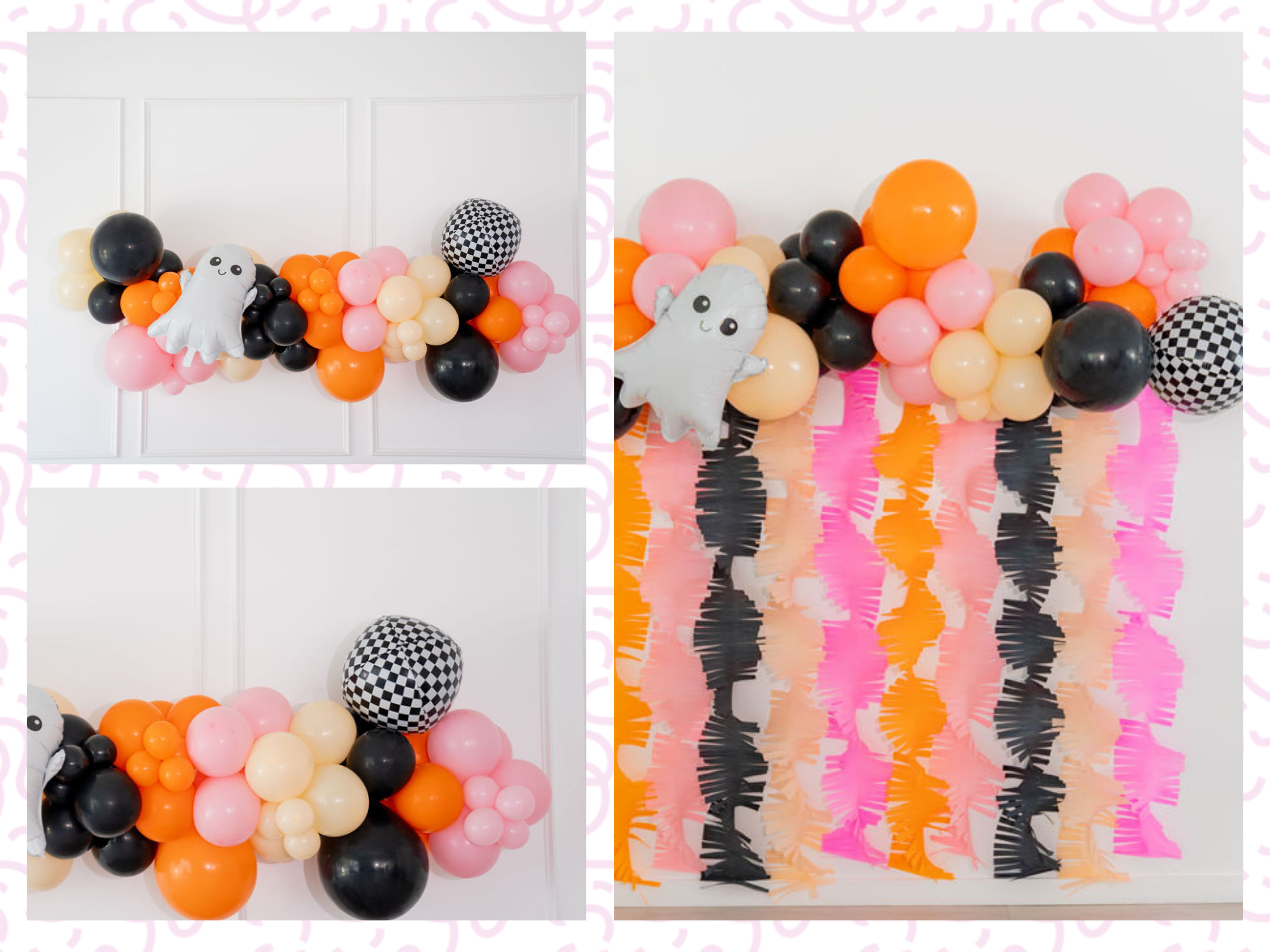 Ghouls Wanna Have Fun Balloon Kit fringe garland hanging against a white wall with balloons. Fringe decor perfect for corporate events or parties.