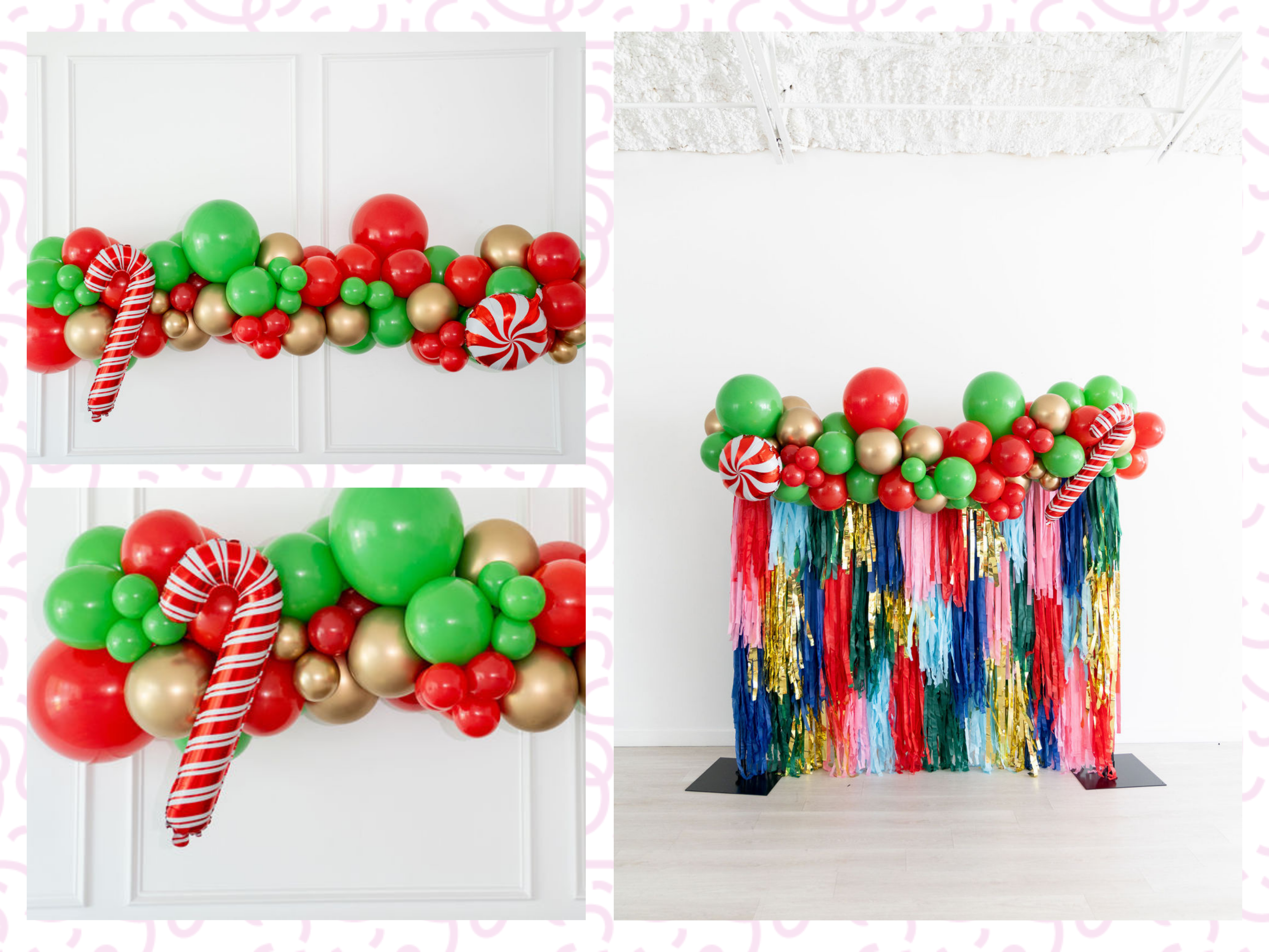 Cup of Cheer Balloon Kit fringe garland hanging against a white wall with balloons. Fringe decor perfect for corporate events or parties.