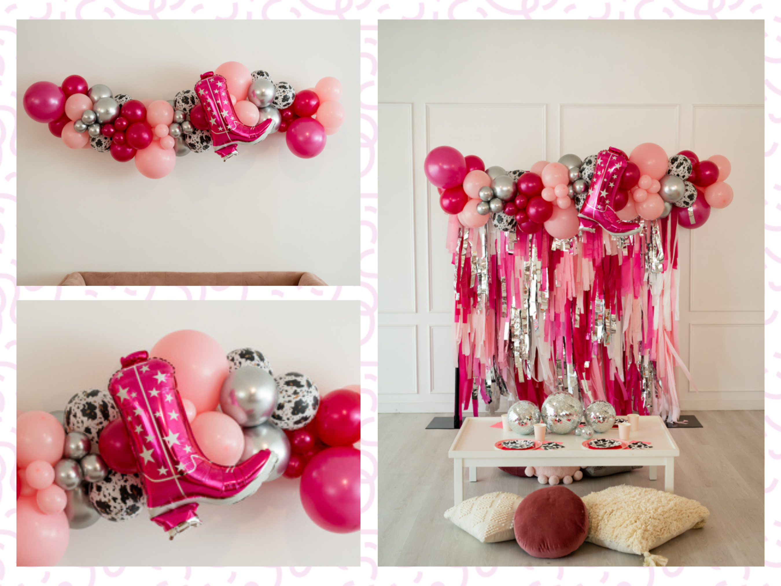 Pink Cowgirl Balloon Kit fringe garland hanging against a white wall with balloons. Fringe decor perfect for corporate events or parties.