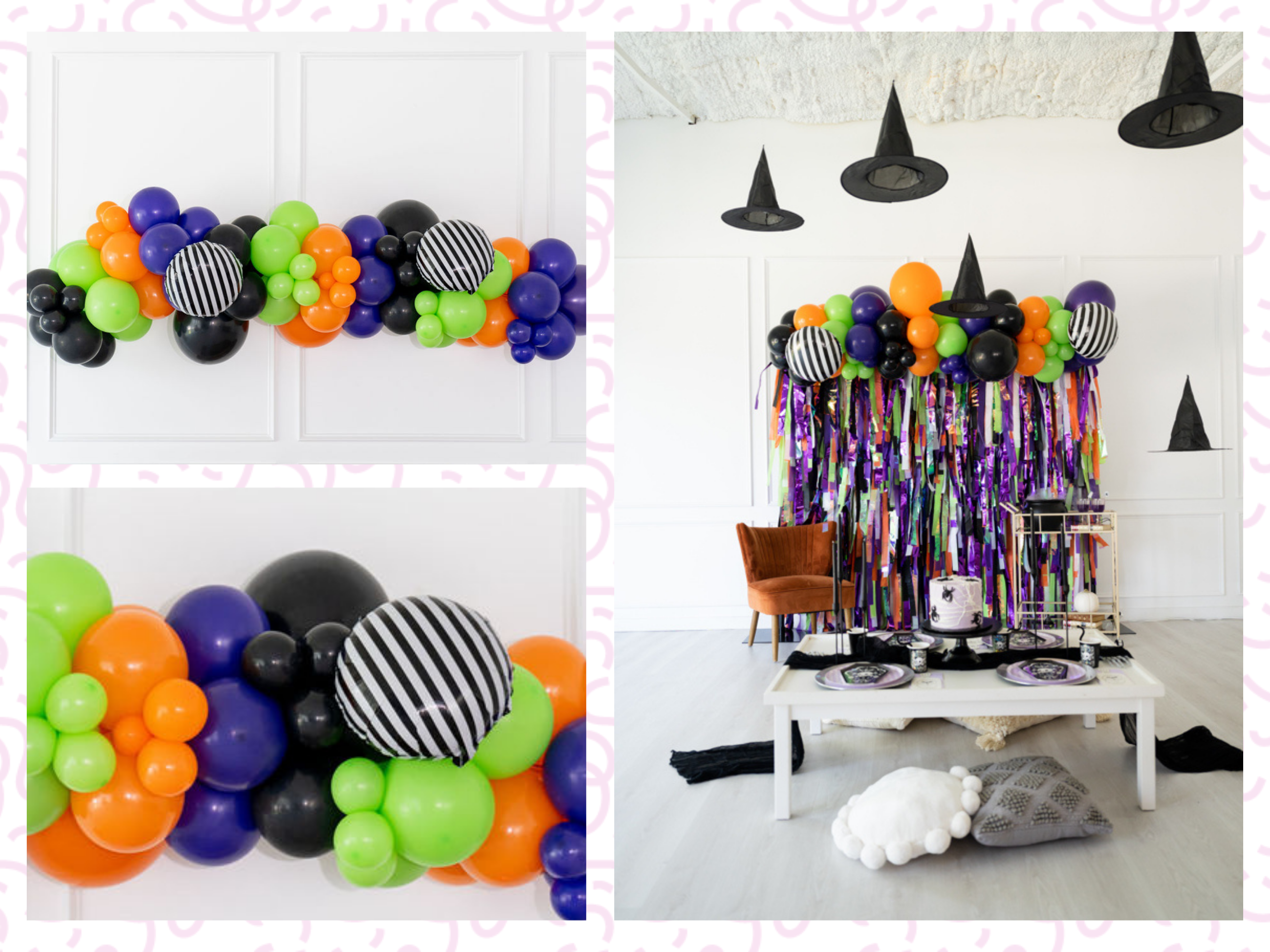 Spooky Time Balloon Kit fringe garland hanging against a white wall with balloons. Fringe decor perfect for corporate events or parties.