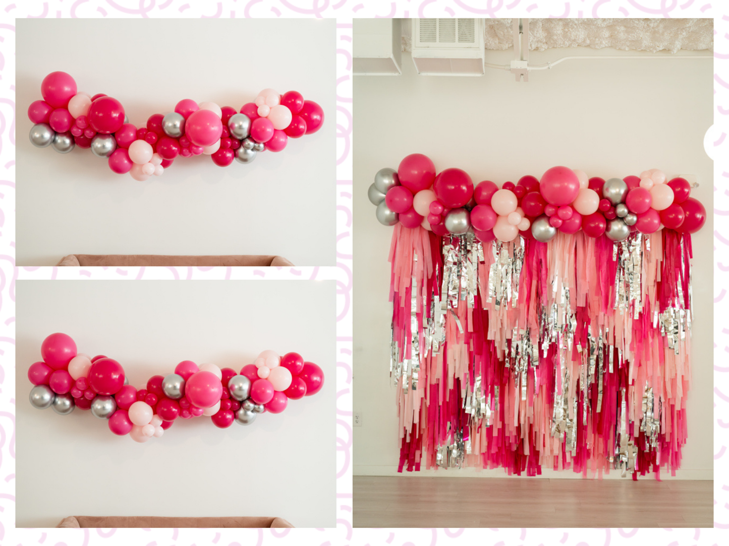 Pink Doll Balloon Kit fringe garland hanging against a white wall with balloons. Fringe decor perfect for corporate events or parties.