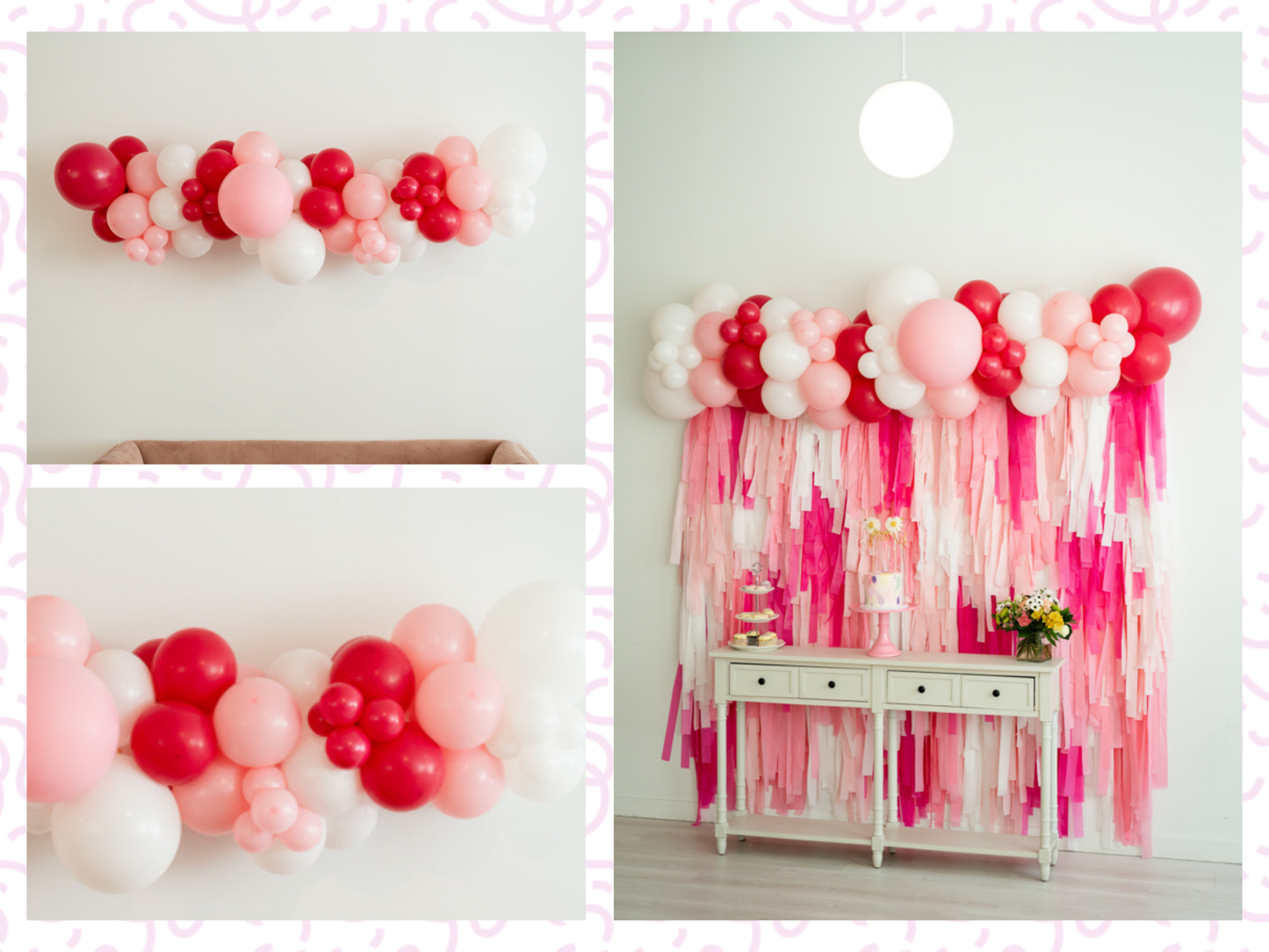 Pink Perfection Balloon Kit fringe garland hanging against a white wall with balloons. Fringe decor perfect for corporate events or parties.