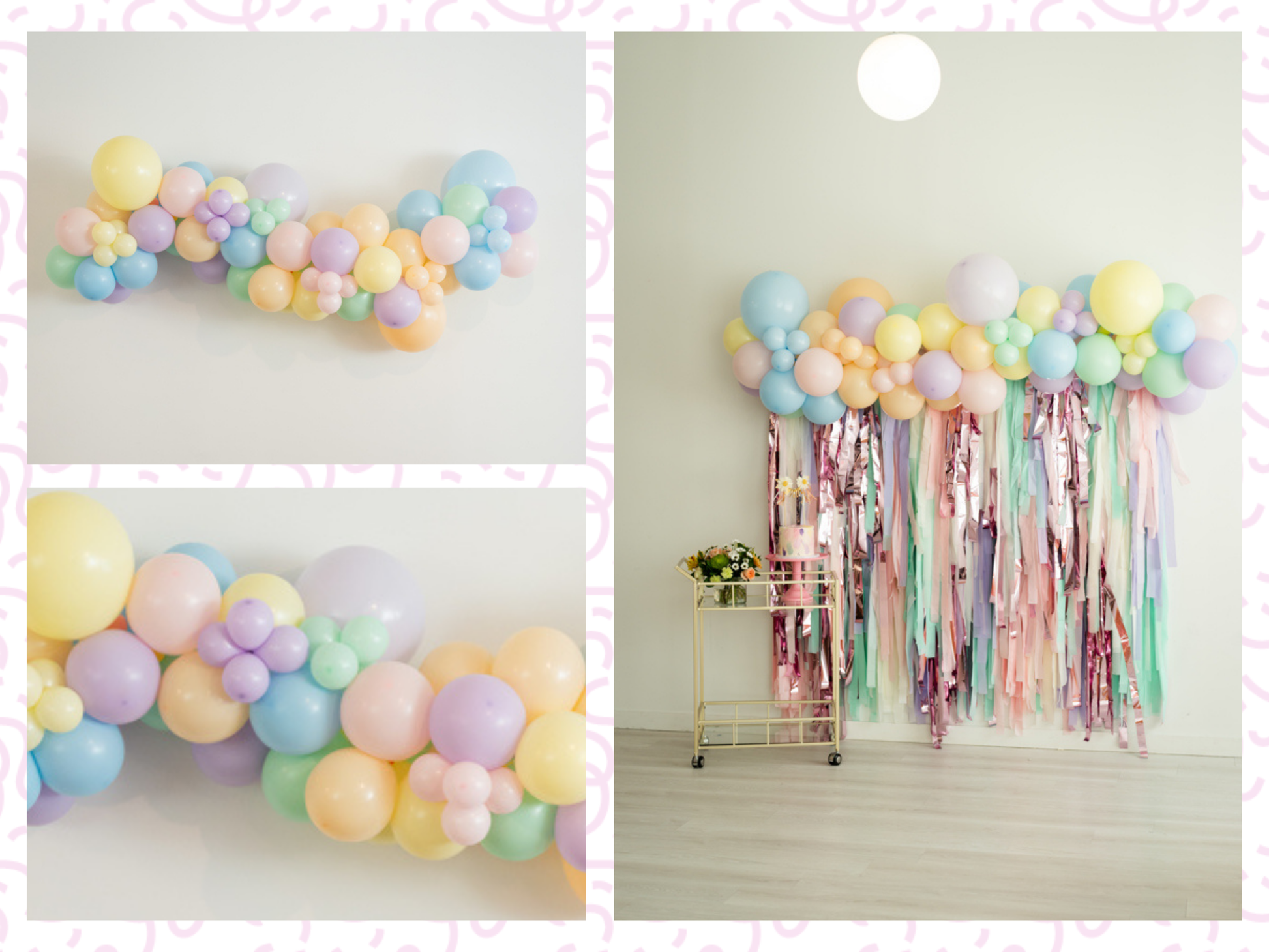 Pastel Balloon Kit fringe garland hanging against a white wall with balloons. Fringe decor perfect for corporate events or parties.