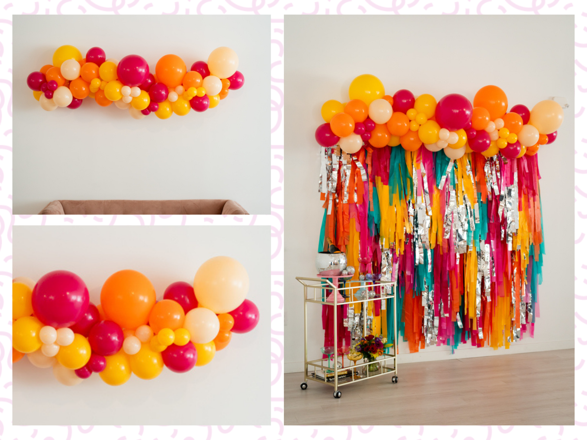 Dazed & Engaged Balloon Kit fringe garland hanging against a white wall with balloons. Fringe decor perfect for corporate events or parties.