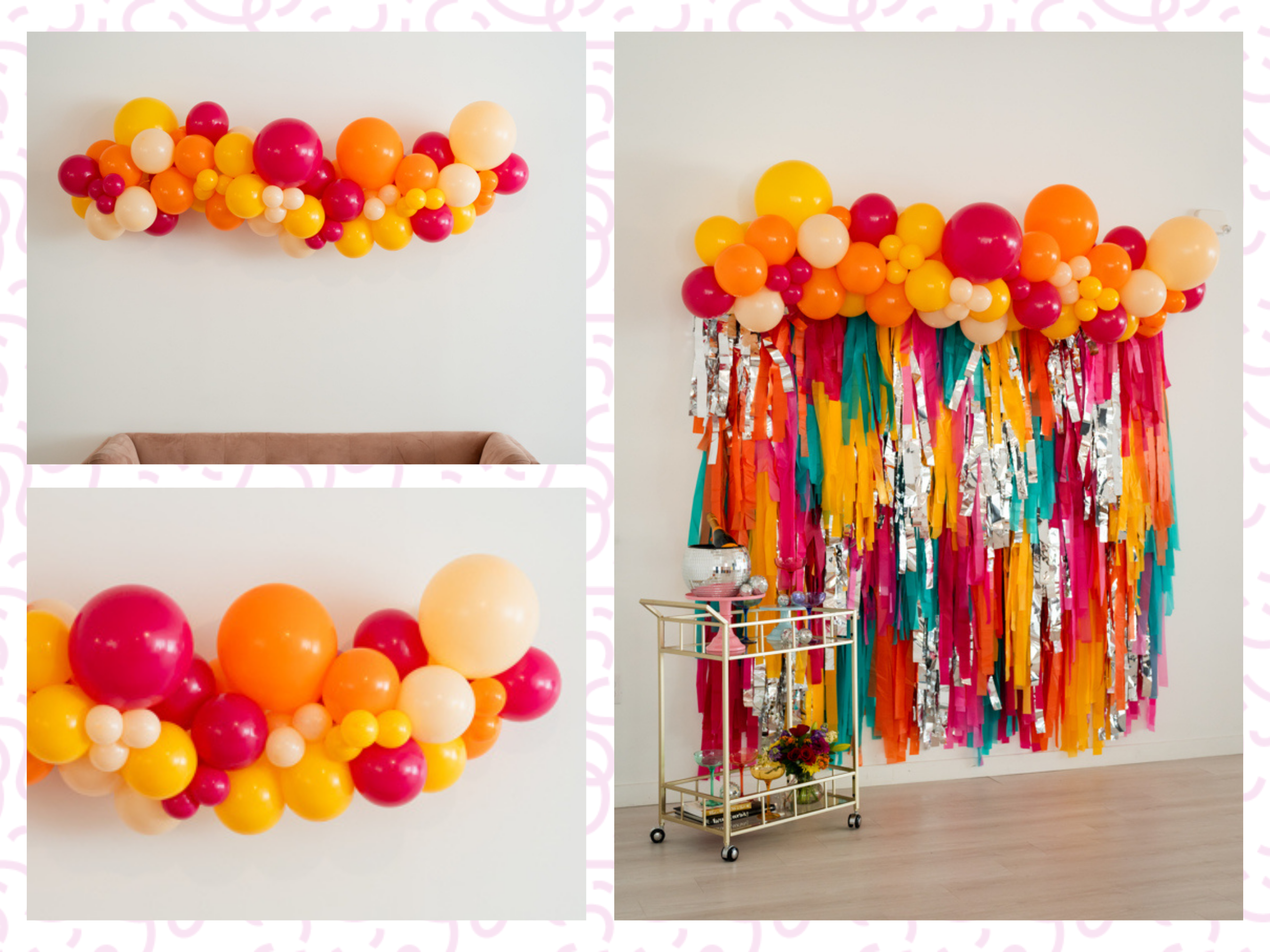 Dazed & Engaged Balloon Kit fringe garland hanging against a white wall with balloons. Fringe decor perfect for corporate events or parties.