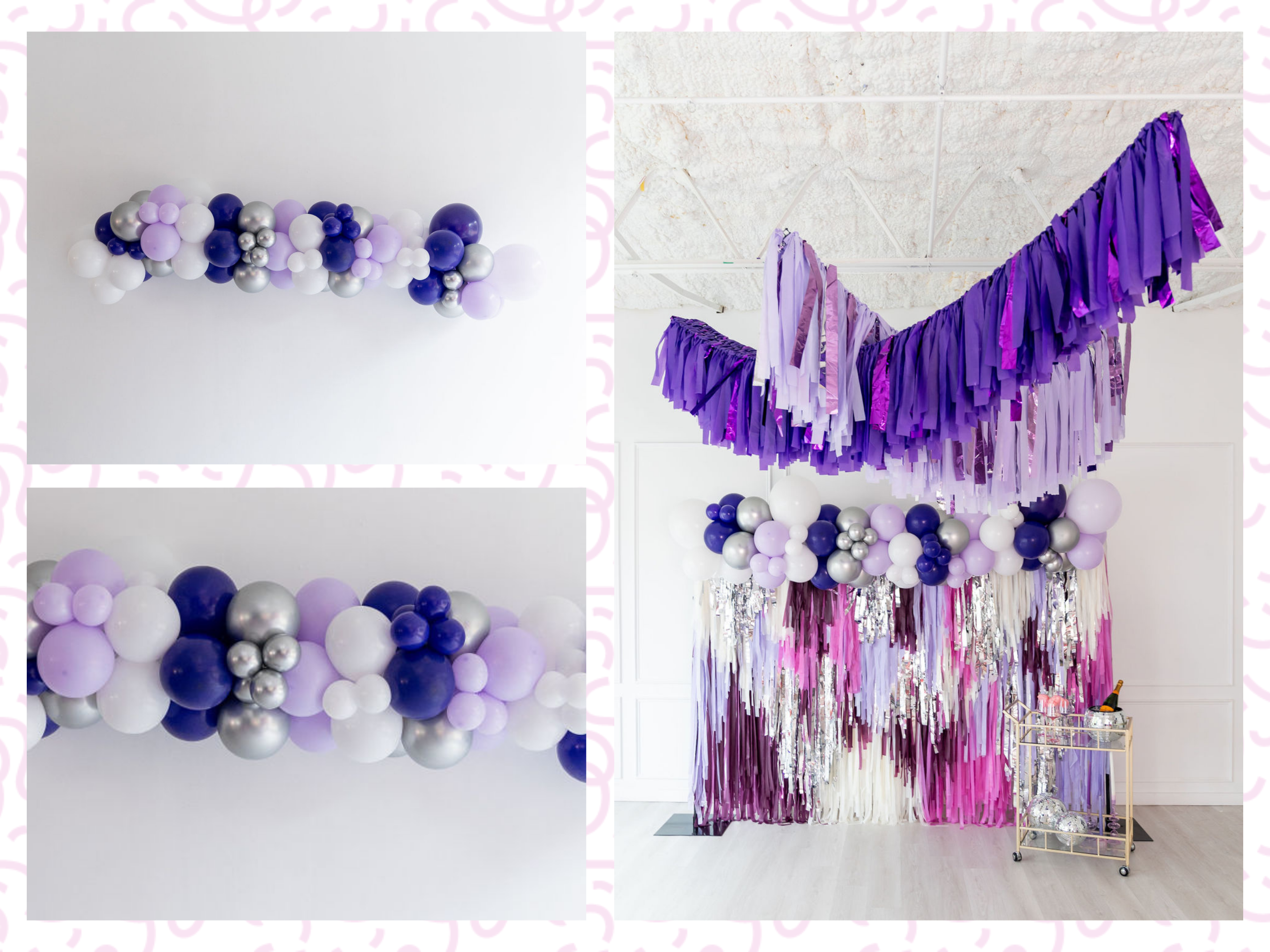 Purple & Silver Balloon Kit fringe garland hanging against a white wall with balloons. Fringe decor perfect for corporate events or parties.