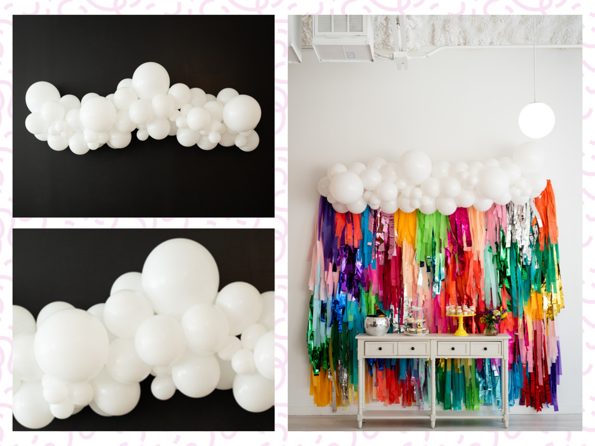 White Balloon Kit fringe garland hanging against a white wall with balloons. Fringe decor perfect for corporate events or parties.