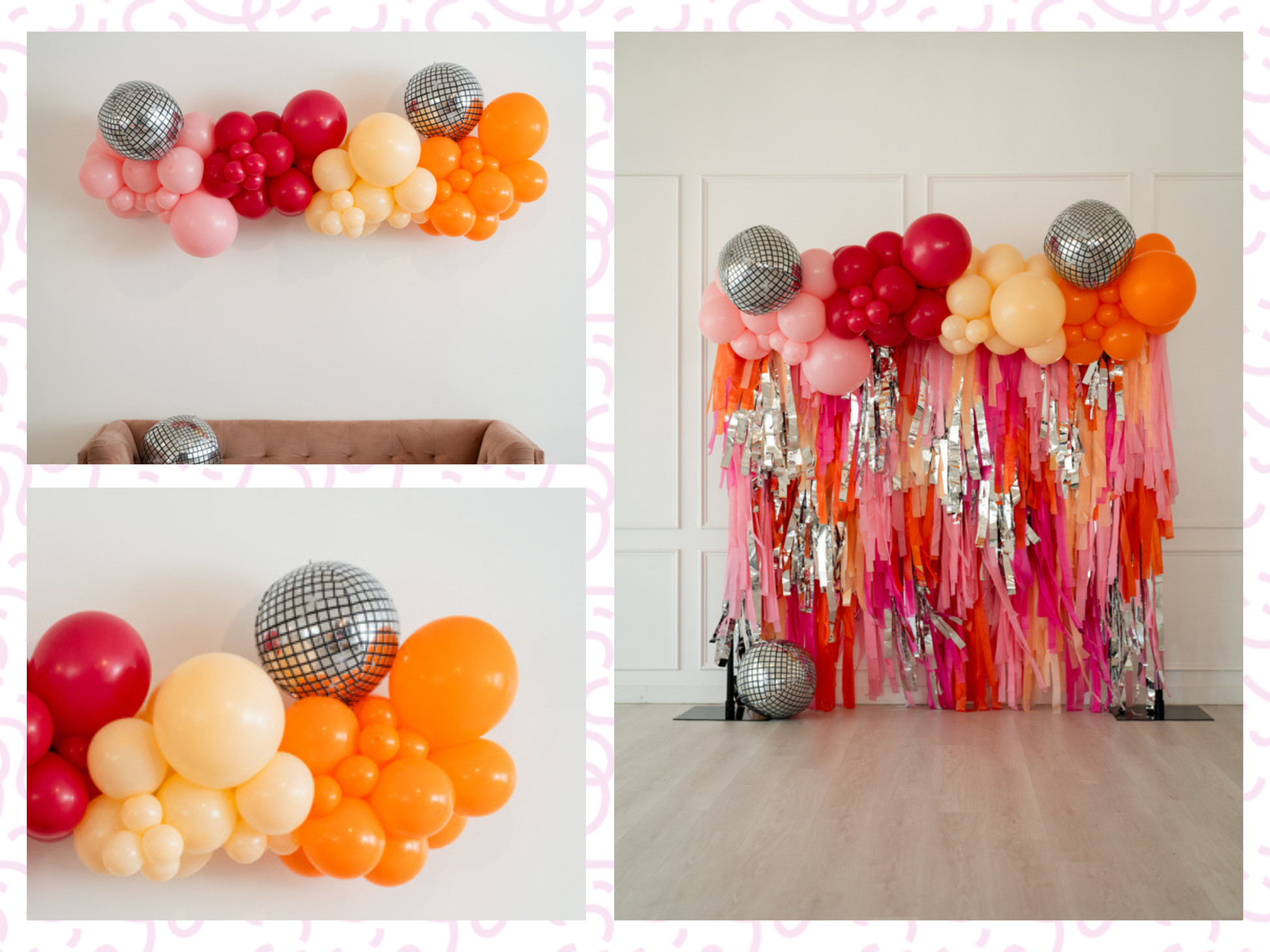 Let's Disco Balloon Kit fringe garland hanging against a white wall with balloons. Fringe decor perfect for corporate events or parties.