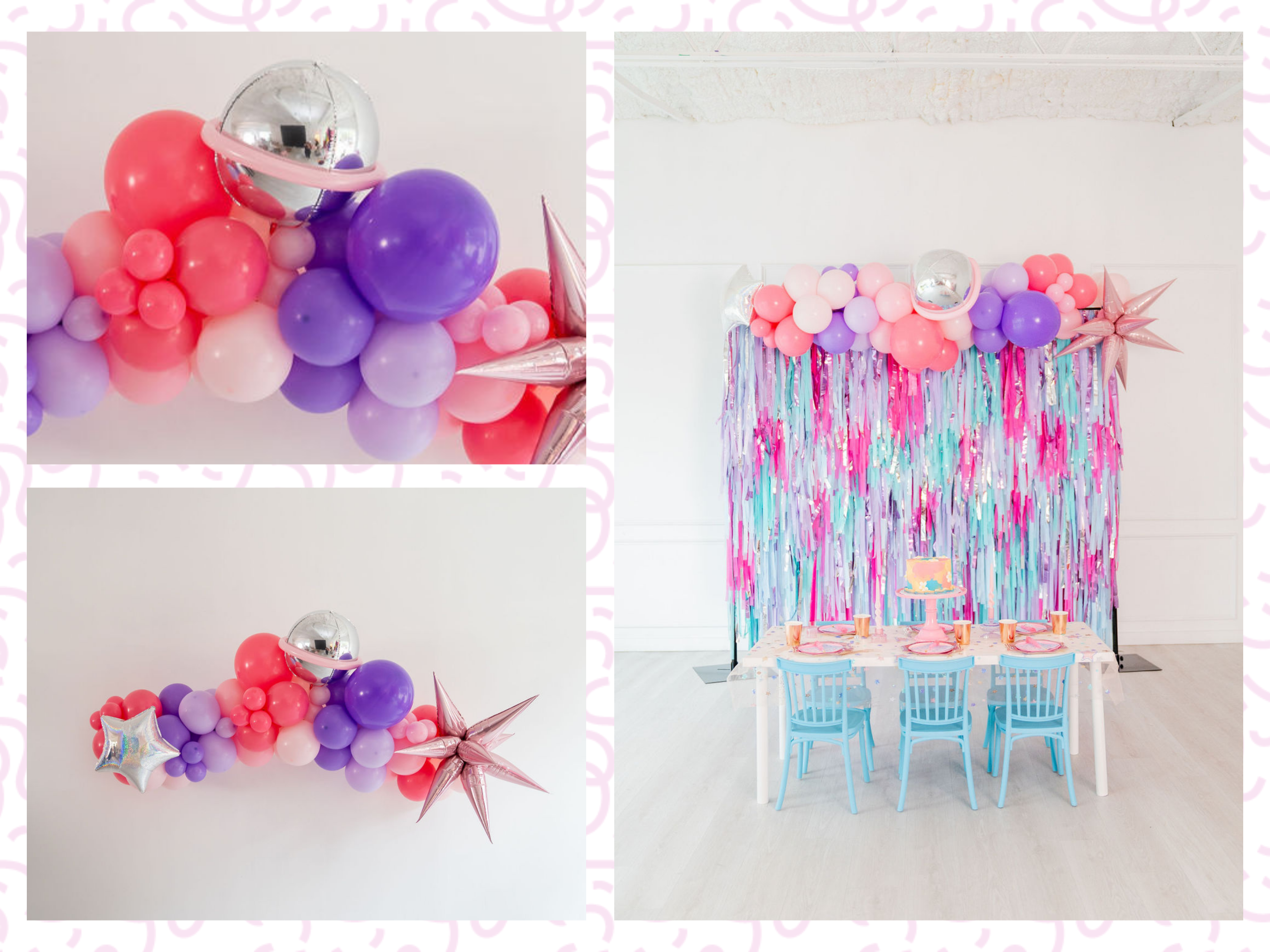 Stellar Balloon Kit fringe garland hanging against a white wall with balloons. Fringe decor perfect for corporate events or parties.