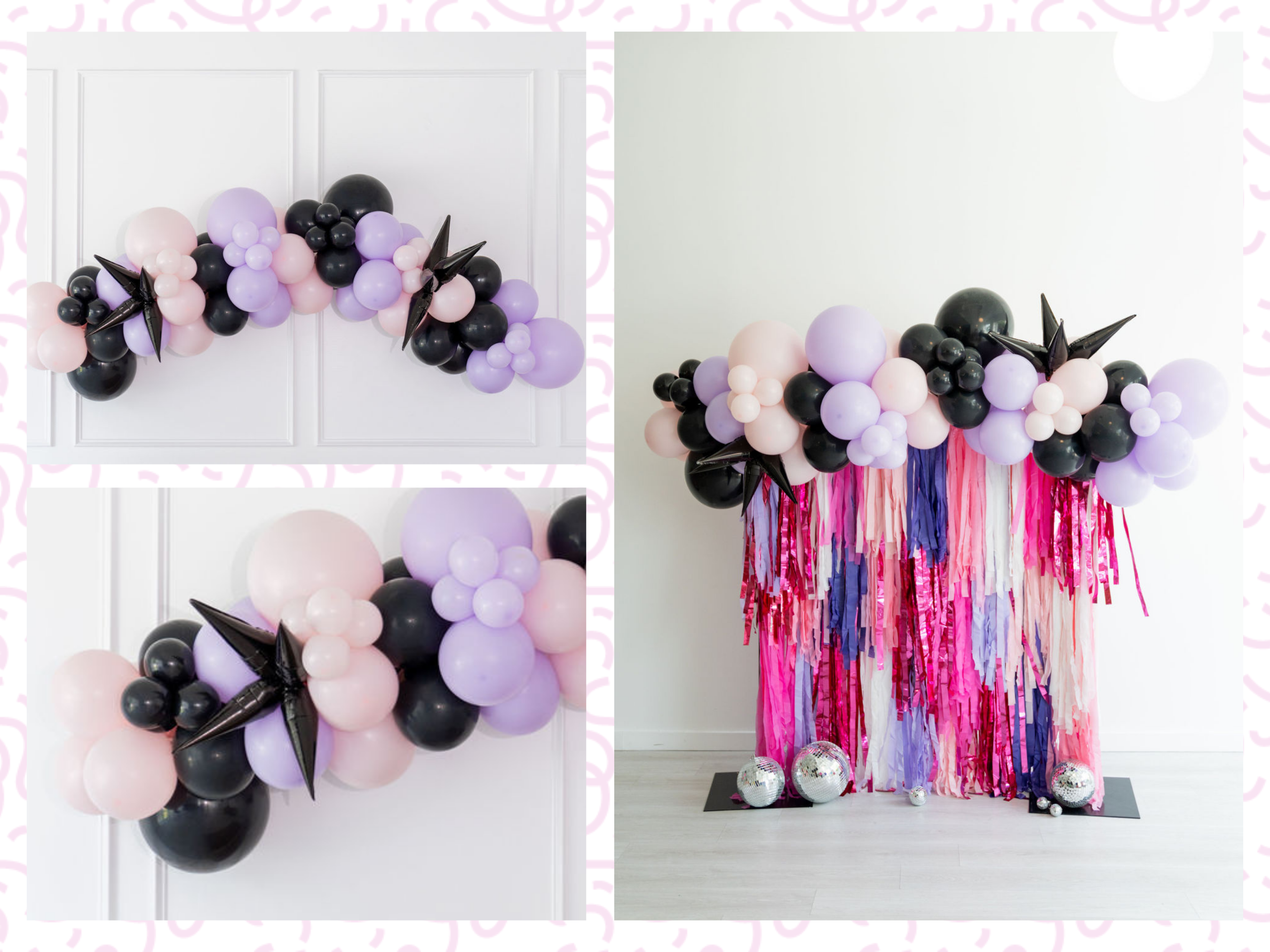 Gone Batty Balloon Kit fringe garland hanging against a white wall with balloons. Fringe decor perfect for corporate events or parties.