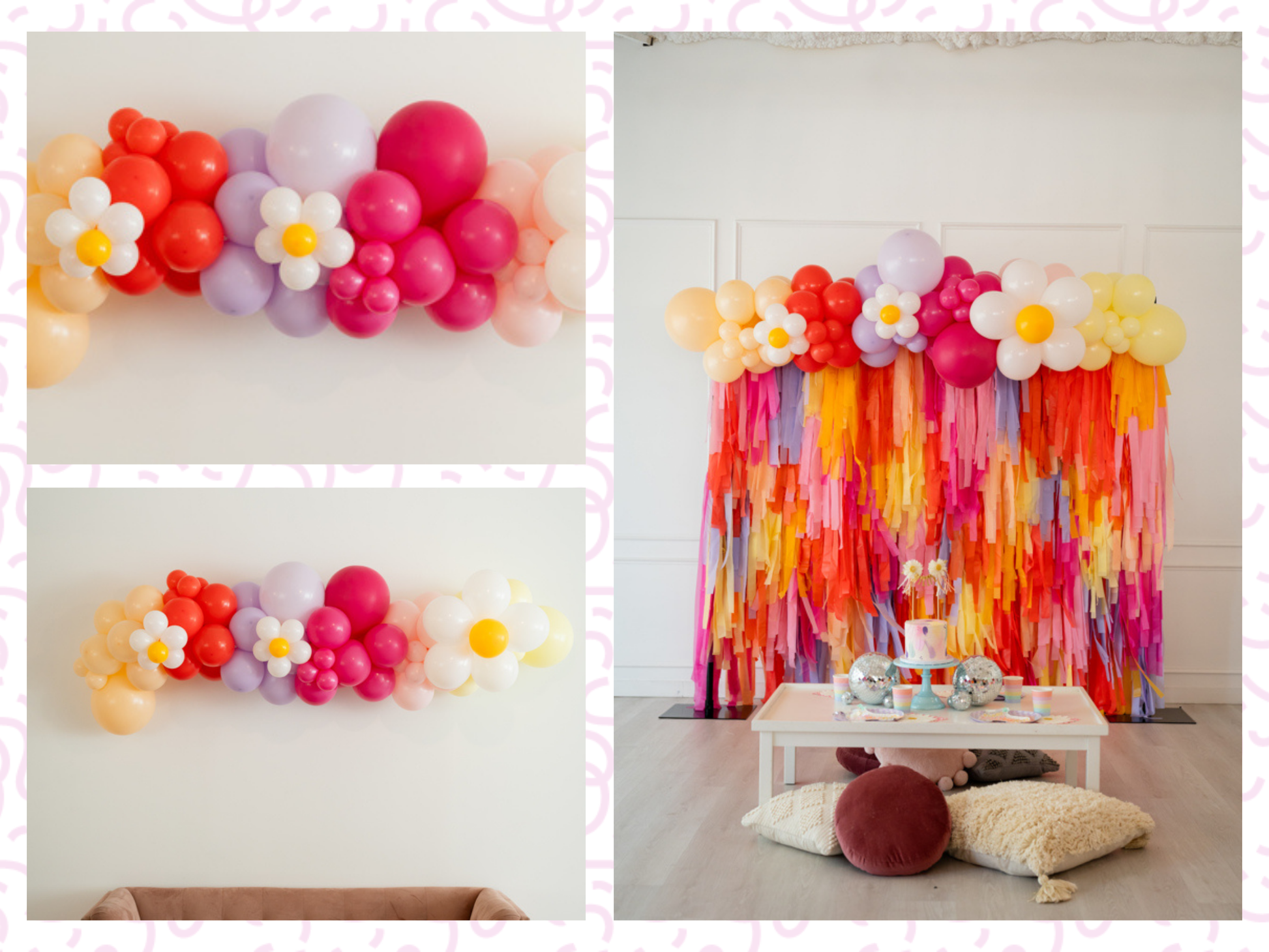 Peace, Love & Vibes Balloon Kit fringe garland hanging against a white wall with balloons. Fringe decor perfect for corporate events or parties.