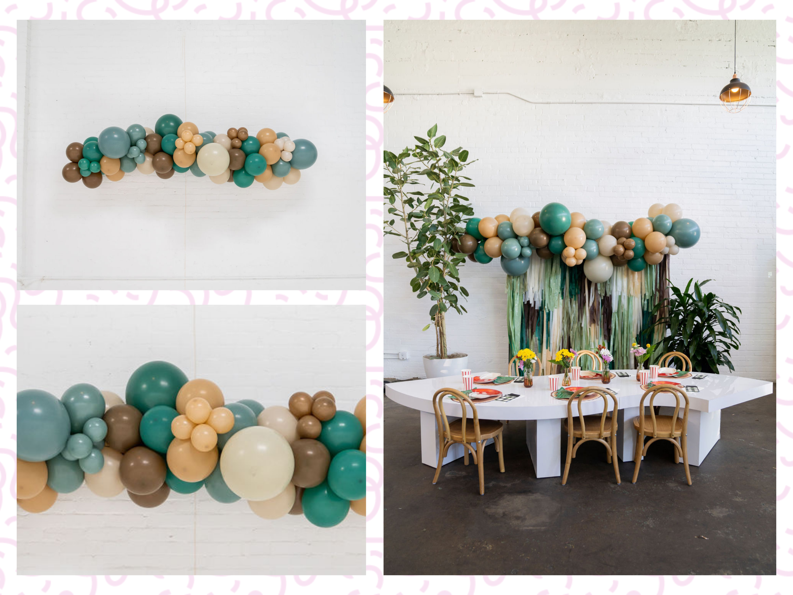 Jurassic Jungle Balloon Kit fringe garland hanging against a white wall with balloons. Fringe decor perfect for corporate events or parties.