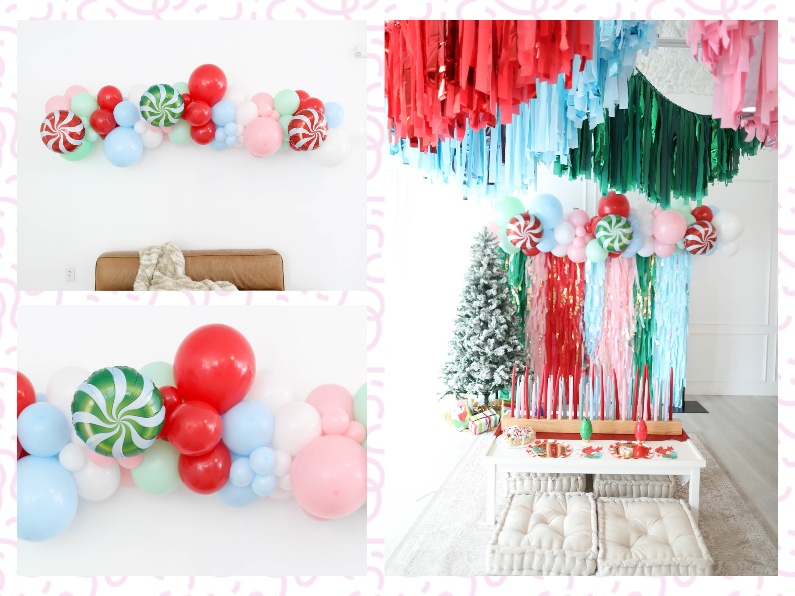 Merry & Bright Balloon Kit fringe garland hanging against a white wall with balloons. Fringe decor perfect for corporate events or parties.