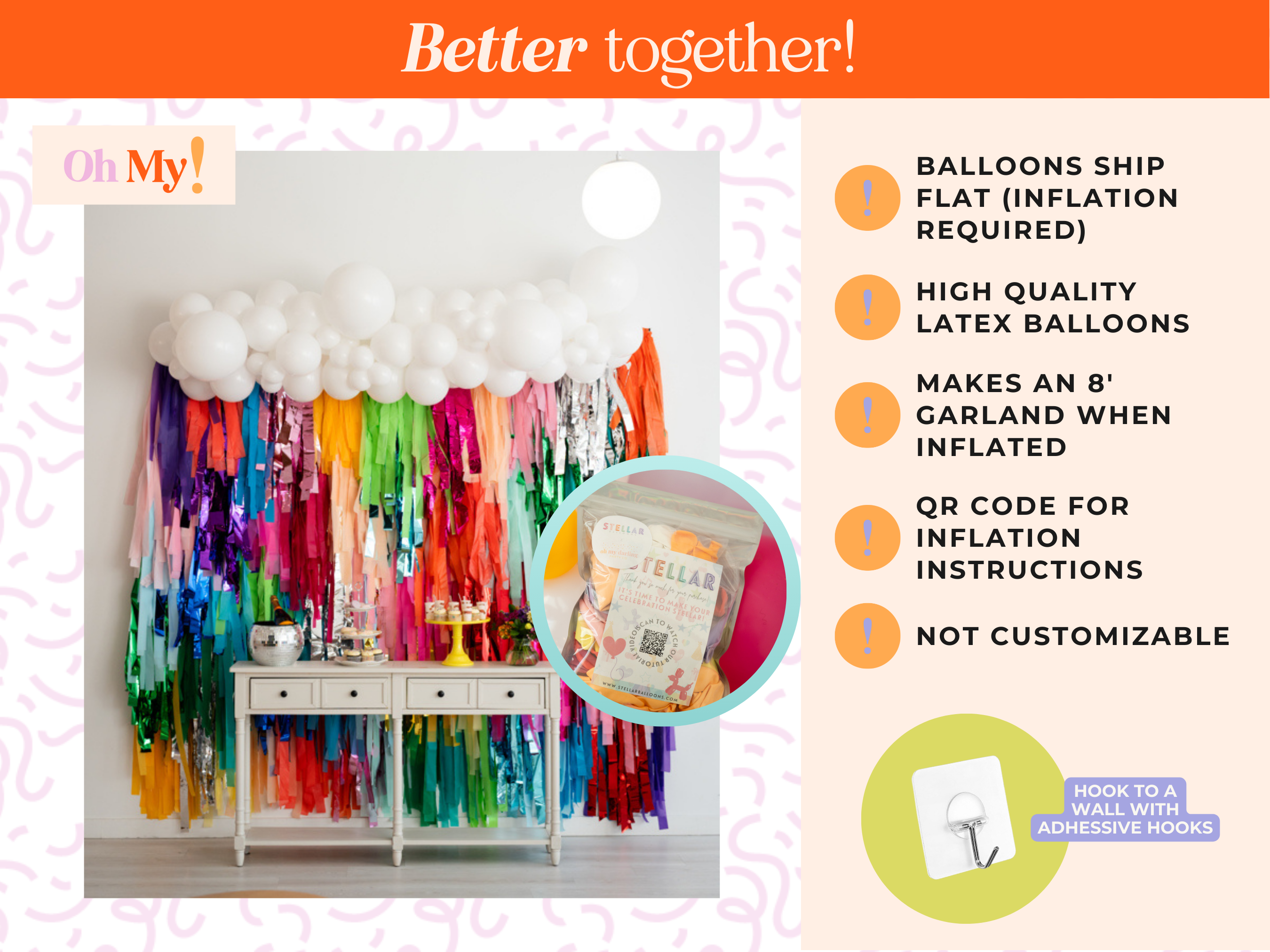 White Balloon Kit-Oh My Darling Party Co-Fringe Backdrop, Streamer Backdrop, Fringe perfect for events & parties!