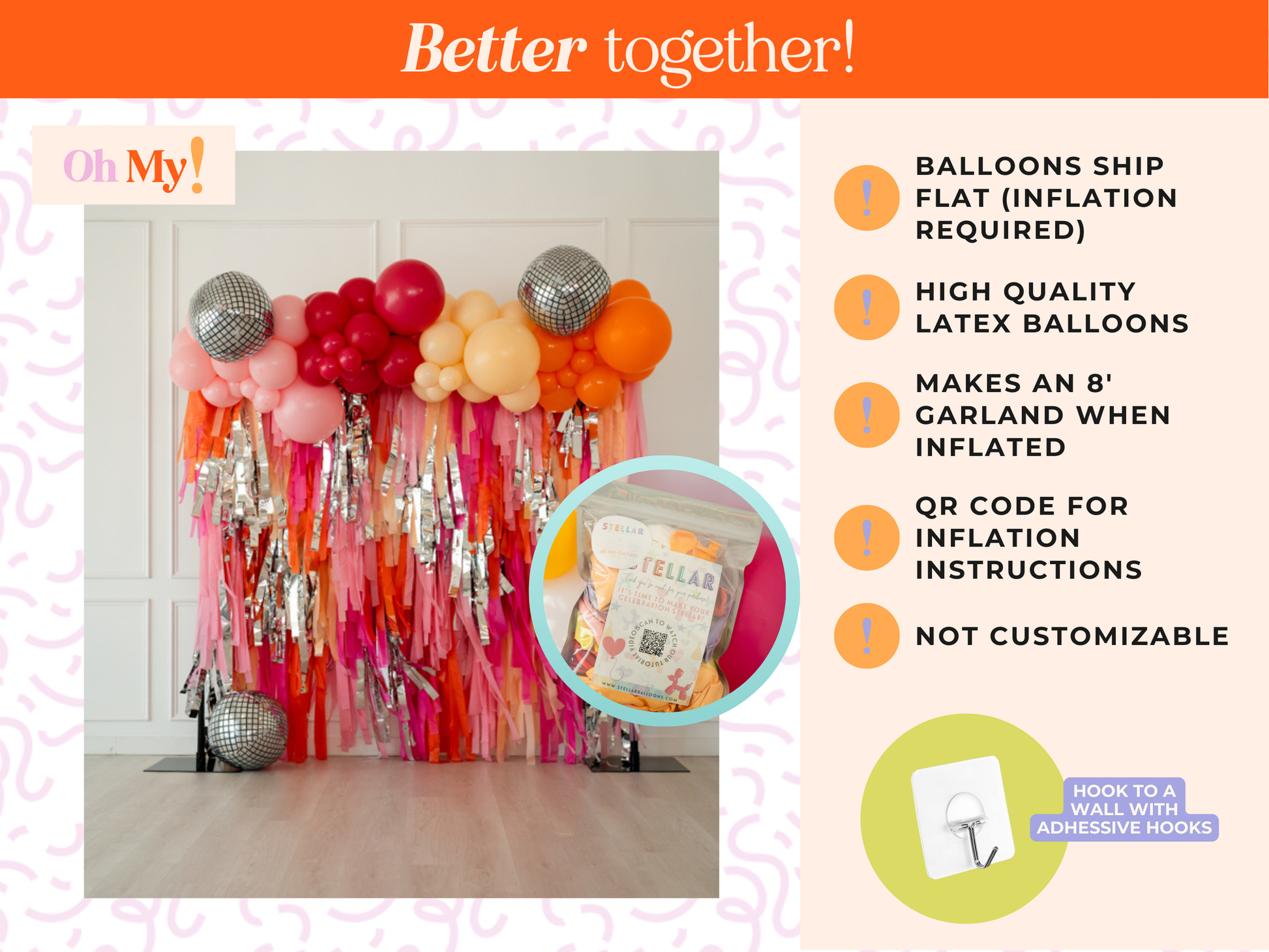 Let's Disco Balloon Kit-Oh My Darling Party Co-Fringe Backdrop, Streamer Backdrop, Fringe perfect for events & parties!