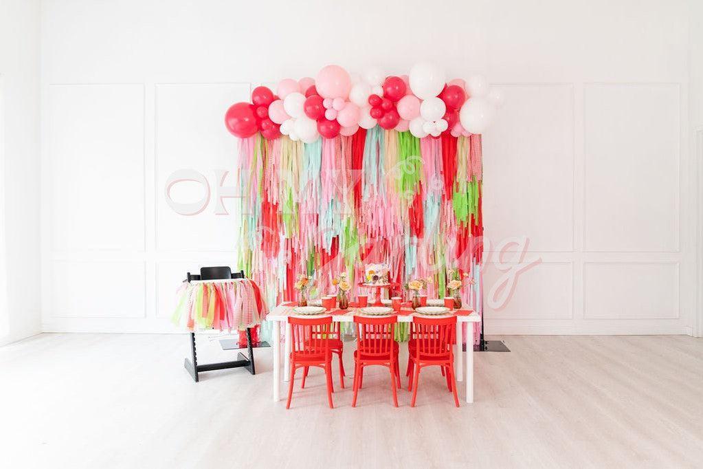 Berry Sweet Strawberry Backdrop-Fringe Backdrop-Party Decor-Oh My Darling Party Co-Oh My Darling Party Co-baby, baby pink, baby shower, backdrops for party, balloon garlands, be my valentine, berry sweet, birthday girl, blush, bubblegum, candy pink, fringe garland, Fringe Streamers, fruit, fruits, girl baby shower, girl birthday, gold, green, GREEN BACKDROP, GREEN BACKDROPS, happy birthday, lime green, oh baby, OMDPC, party backdrops, Pink, pink and white, pink baby shower, pink bachelorette, PINK BACKDROP,