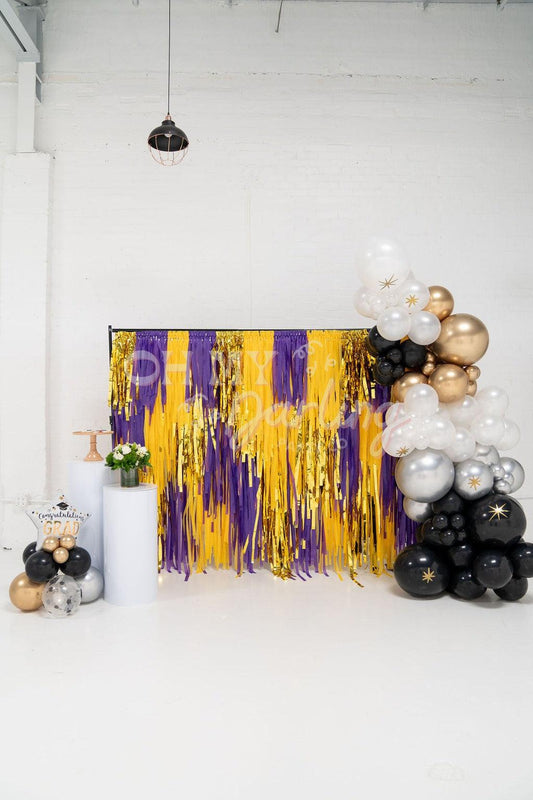Bold in Gold, Elegant in Purple Backdrop-Fringe Backdrop-Party Decor-Oh My Darling Party Co-Oh My Darling Party Co-backdrops for party, balloon garlands, Birthday Party, boy party, celebrate, college football, fringe backdrop, fringe garland, Fringe Streamers, girl party, gold, GOLD BACKDROP, gold details, gold metallic, grad, grad party, graduation, graduation party, James Madison University, Louisiana, LSU, metallic gold, New York State University-Albany, OMDPC, party backdrops, party decor, party supplie