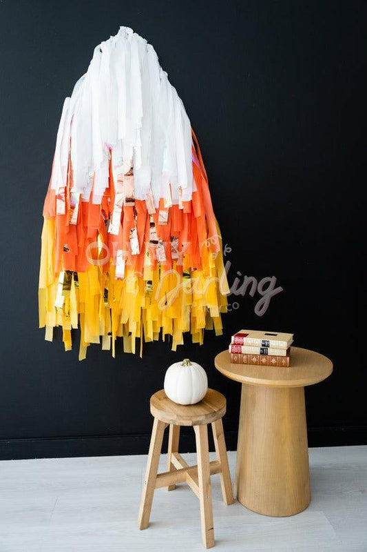Candy Corn Shape Backdrop-Fringe Backdrop-Party Decor-Oh My Darling Party Co-Oh My Darling Party Co-backdrops for party, balloon garlands, Candy, candy corn, fringe garland, Fringe Streamers, halloween, halloween party, OMDPC, orange, ORANGE BACKDROP, orange halloween, oranges, party backdrops, party decor, party supplies, premium, shape, shapes, spooky, spooky halloween, tassels, yellow, YELLOW BACKDROP