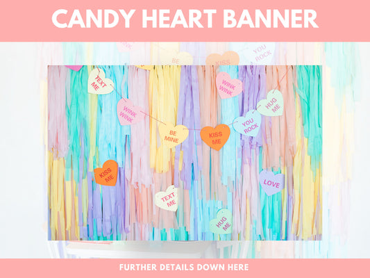 Candy Heart Banner-Fringe Backdrop-Party Decor-Oh My Darling Party Co-Oh My Darling Party Co-1st birthday decor, baby shower decor, bachelorette, bachelorette backdro, bachelorette party, backdrops for party, balloon garland, balloon garlands, banner, banners, best sellers, birthday decor, birthday party, boho nursery, boho party decor, boho tassel garland, bridal shower, candy hearts, cochella party decor, colorful backdrop, fiesta, fringe backdrop, fringe garland, fringe photo backdro, Fringe Streamers, g