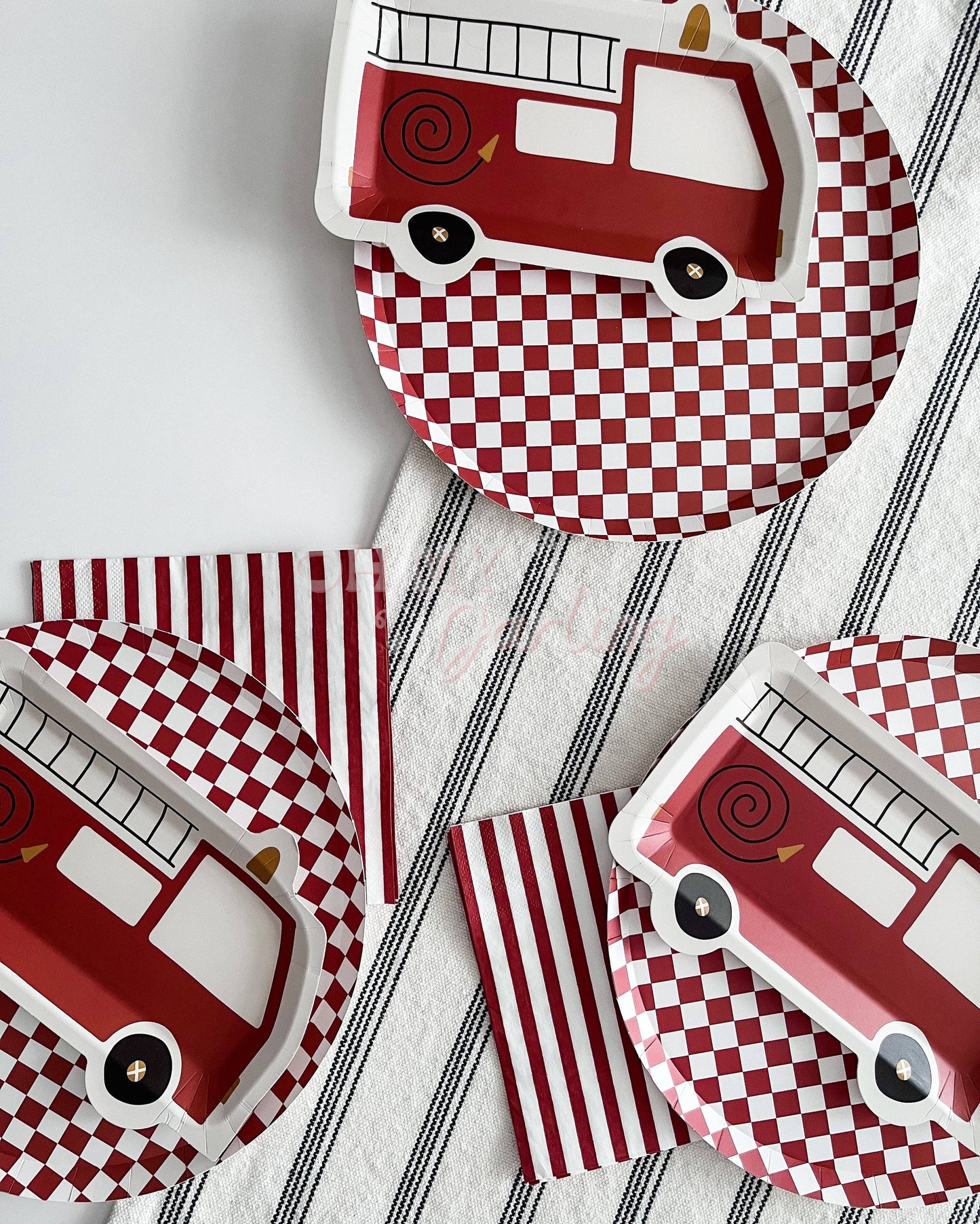 Checkered Red Plate-Fringe Backdrop-Party Decor-Josi James-Oh My Darling Party Co-birthday boy, boy baby shower, boy birthday, boy party, boy shower, boys, boys birthday, check, check plates, checkerboard, firetruck, kid plates, paper plates, party plates, plates, red, Red and White, red plates, retro plates, white and red