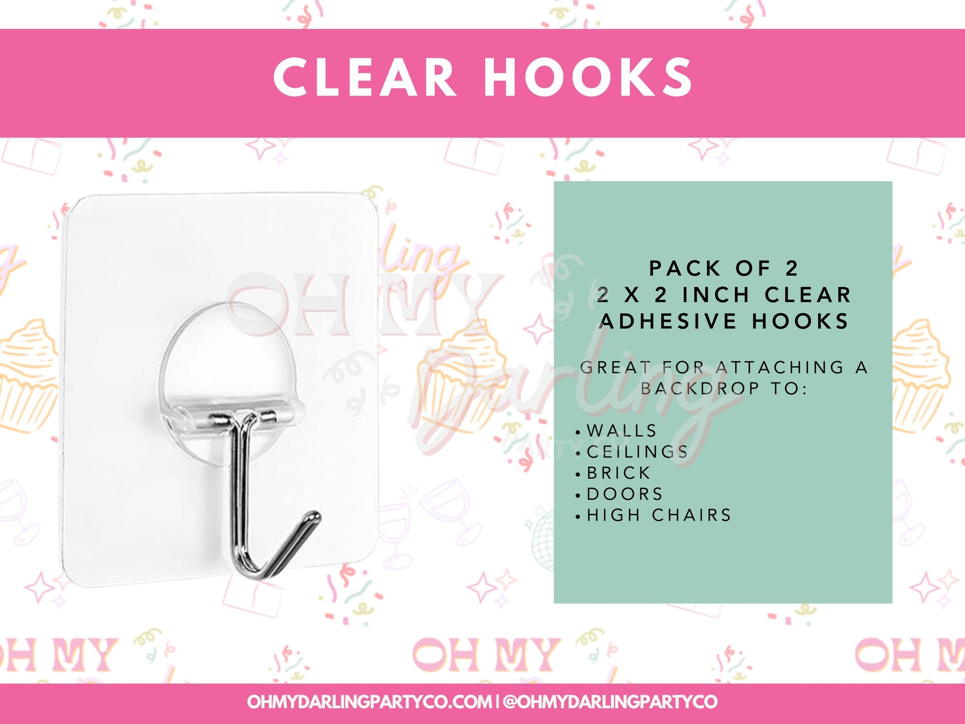 Clear Adhesive Hooks-Fringe Backdrop-Party Decor-Tools-Oh My Darling Party Co-backdrops for party, balloon garlands, balloons, fringe garland, Fringe Streamers, hooks, how to hang, installation, installation kit, OMDPC, party backdrops, stands, tassels, tools