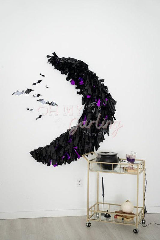Crescent Shape Backdrop-Fringe Backdrop-Party Decor-Oh My Darling Party Co-Oh My Darling Party Co-backdrops for party, balloon garlands, fringe garland, Fringe Streamers, halloween, halloween party, moon, OMDPC, party backdrops, party decor, party supplies, purple halloween, spooky, spooky halloween, tassels, two the moon