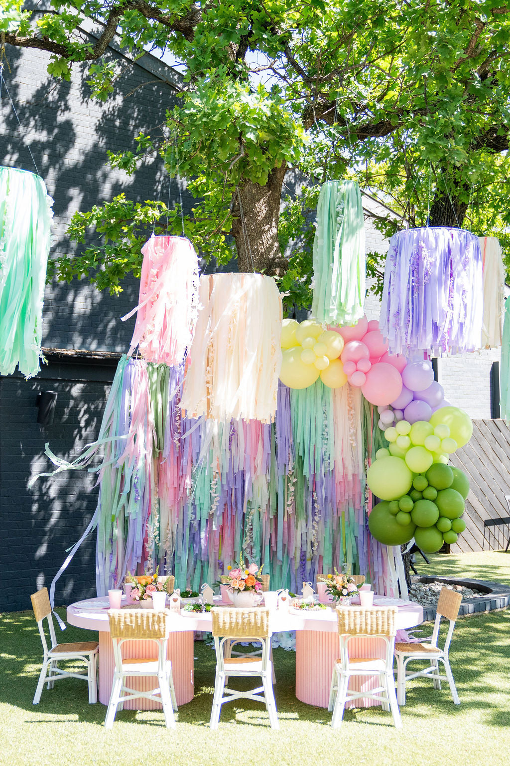 Floral fringe aerial ring with trailing wisteria hanging overhead