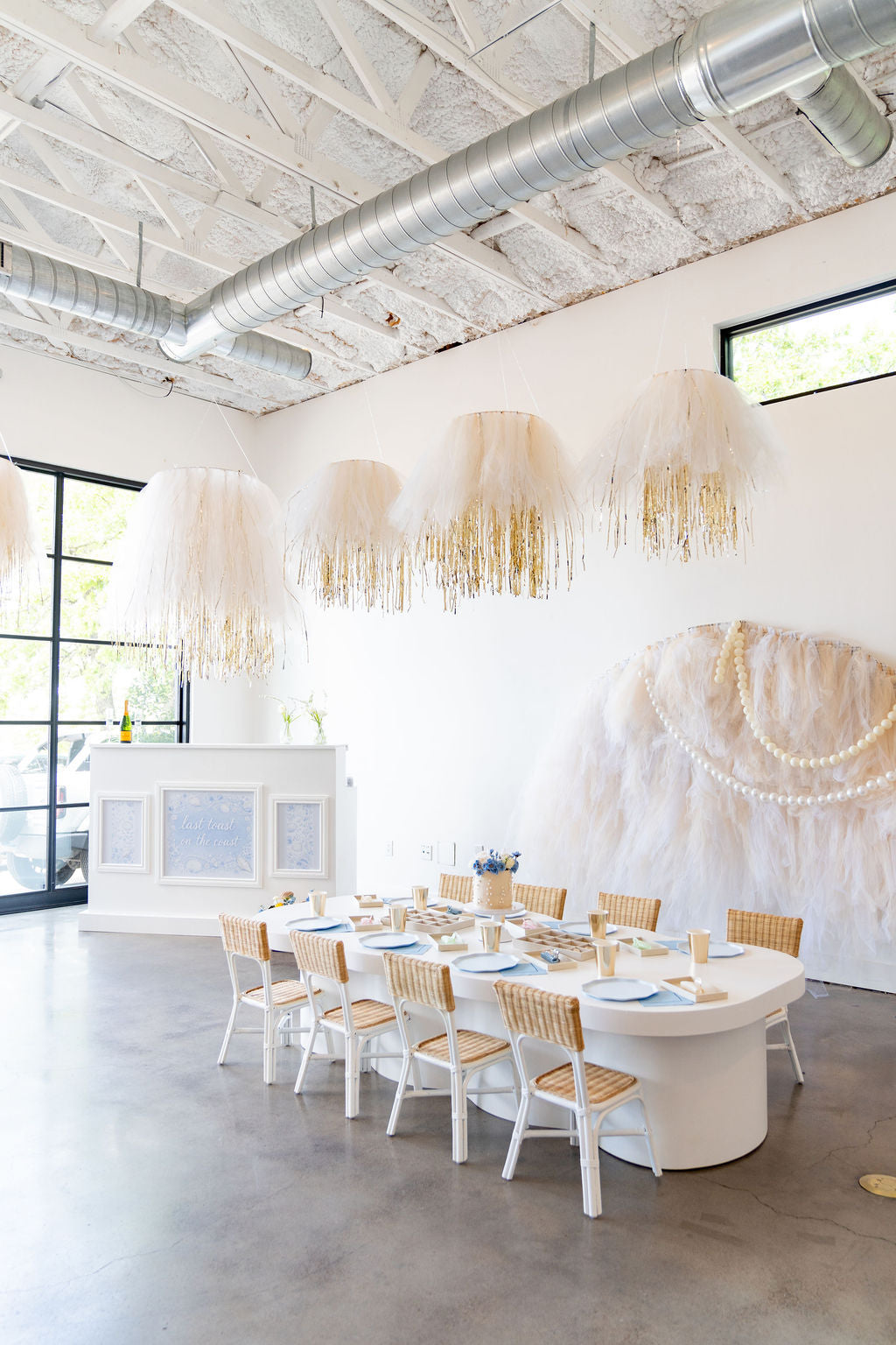 Tulle and tinsel fringe aerial ring hanging from the ceiling