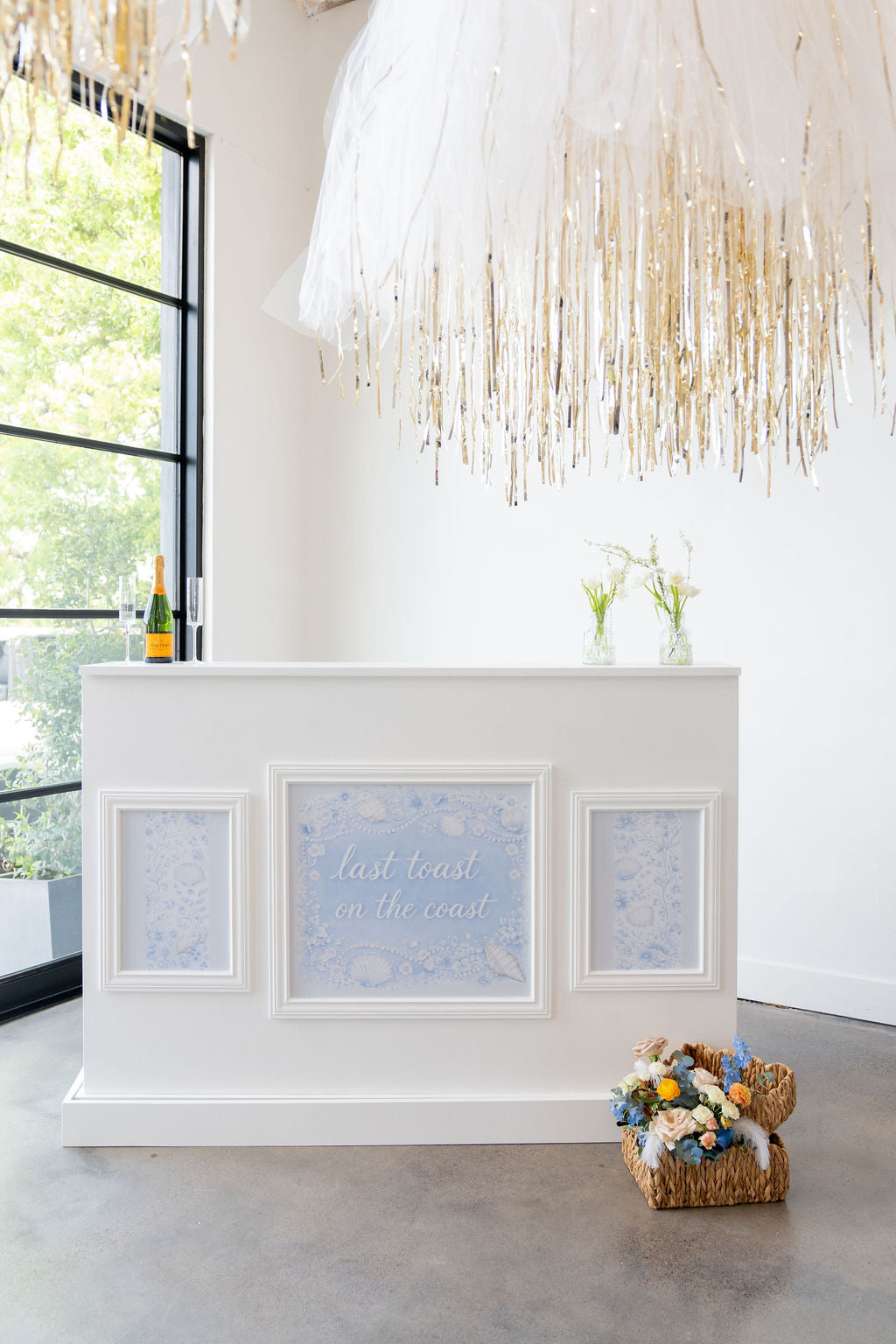 Handmade tulle and tinsel fringe ring styled as party decor