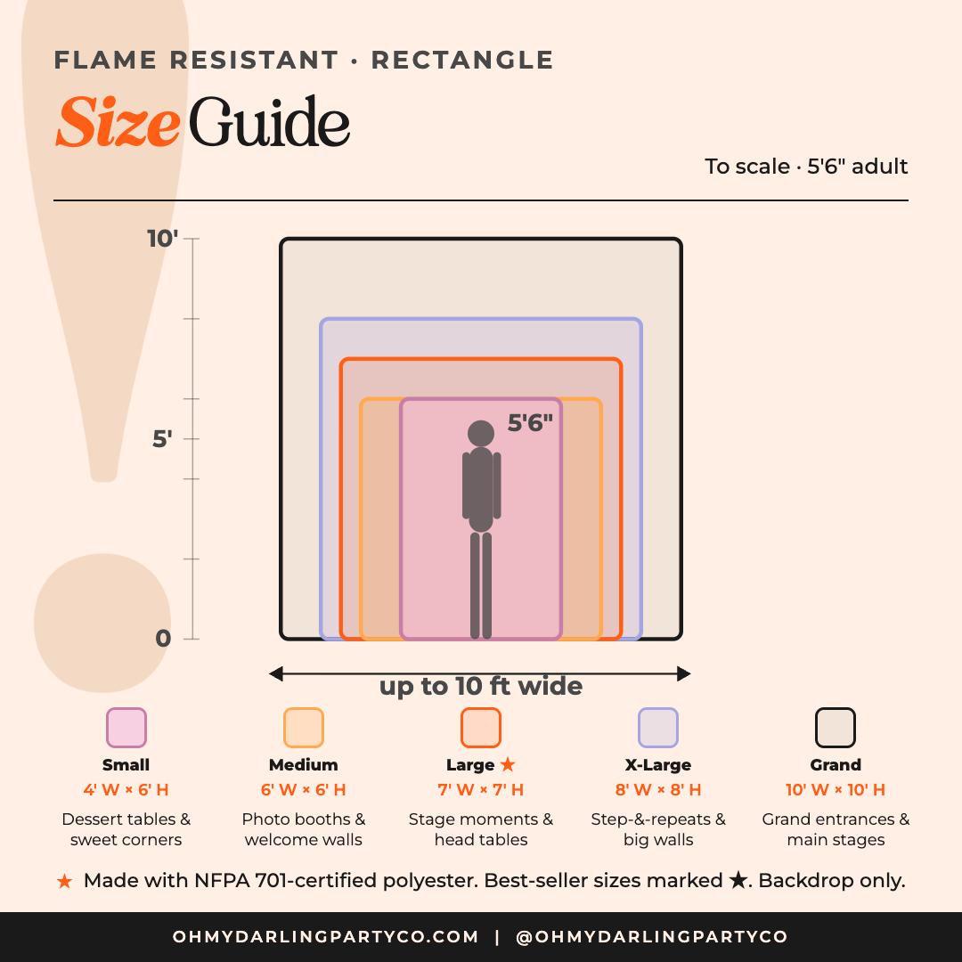Flame Resistant Backdrop size guide by Oh My Darling Party Co
