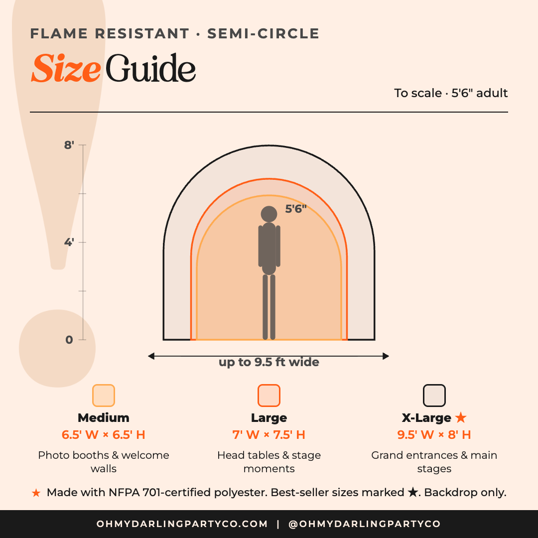 Flame Resistant Backdrop semi circle size guide by Oh My Darling Party Co