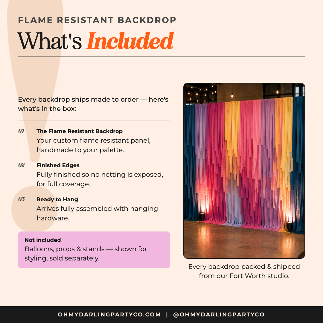 Flame Resistant Backdrop what's included by Oh My Darling Party Co
